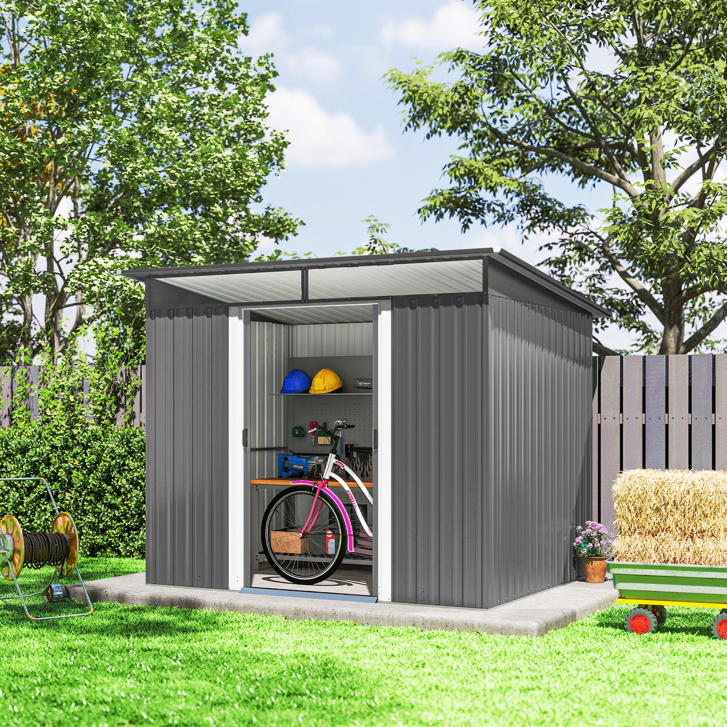 Outsunny 9ft x 6.5ft Garden Storage Shed With Top Window Metal Outdoor Tool House Double Doors Light Grey