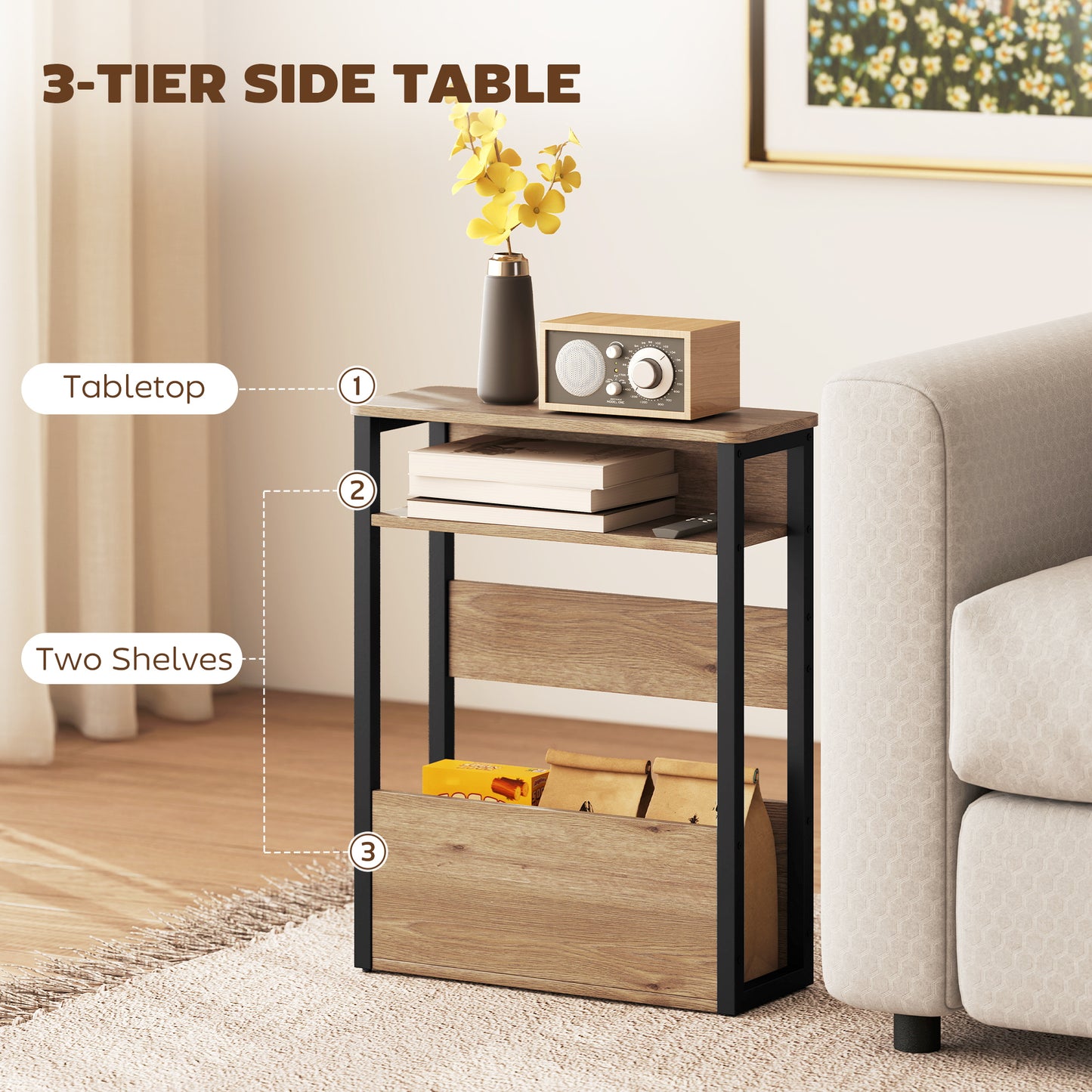 HOMCOM Industrial Style Side Table Black Walnut Brown With Two Shelves Nightstand Sofa Table