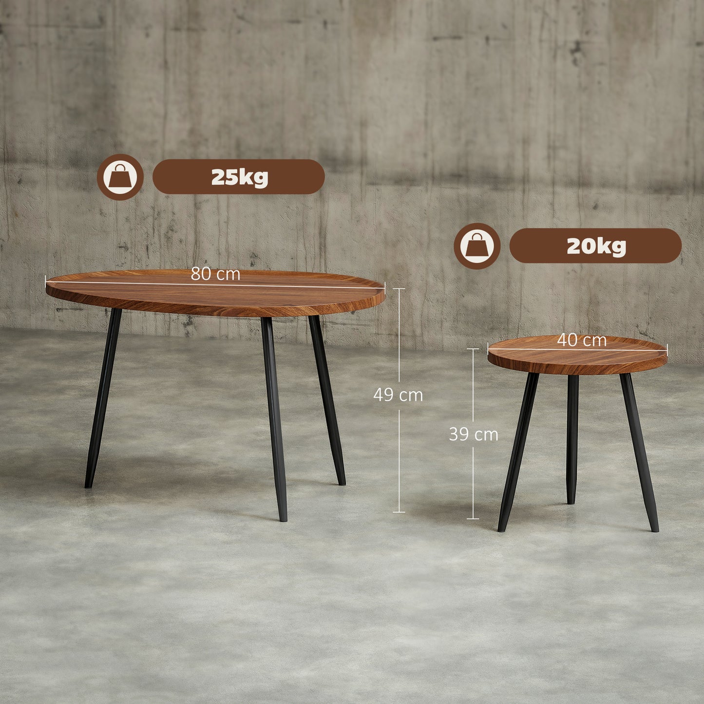 HOMCOM Nesting Coffee Tables Set of 2 80cm Stacking Tables with Metal Legs Chestnut Wood Effect Living Room Office