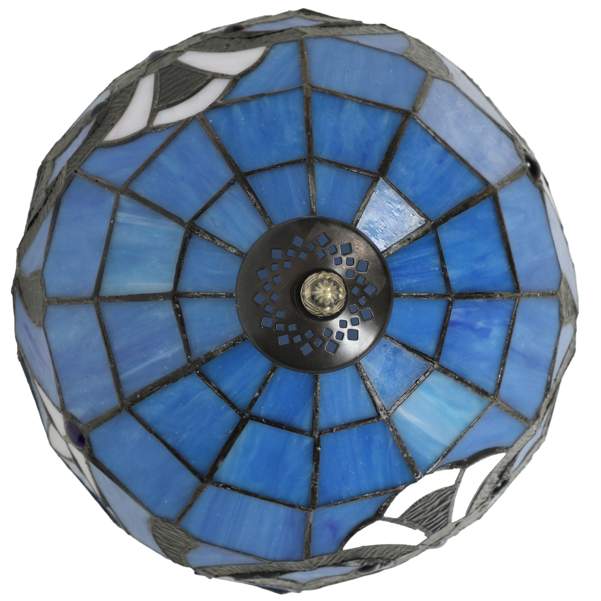 Close-up of round blue stained glass lamp shade with dark metal grid and center cap
