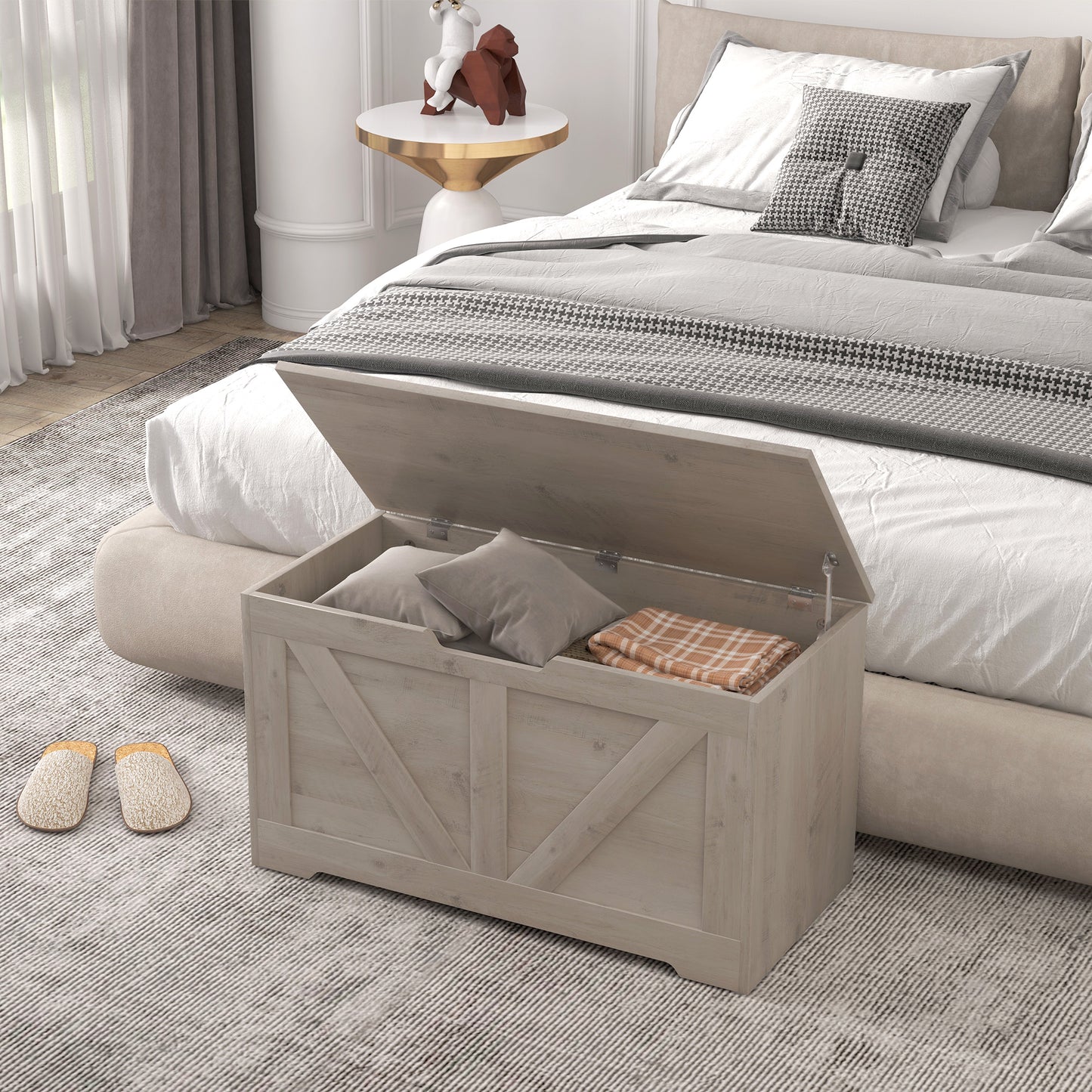HOMCOM 100L Grey Wood Effect Storage Ottoman With Safety Hinges And Flat Lid Perfect For Blankets And Cushions