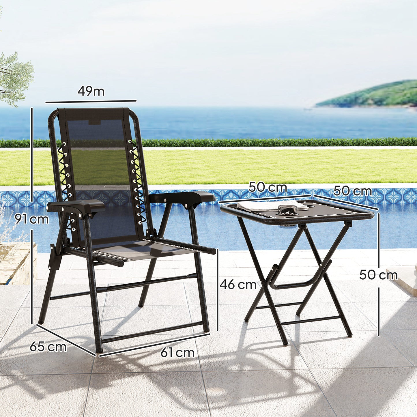 Outsunny Black Three Piece Garden Table And Chair Set With Powder Coated Steel Frame And Texteline Fabric
