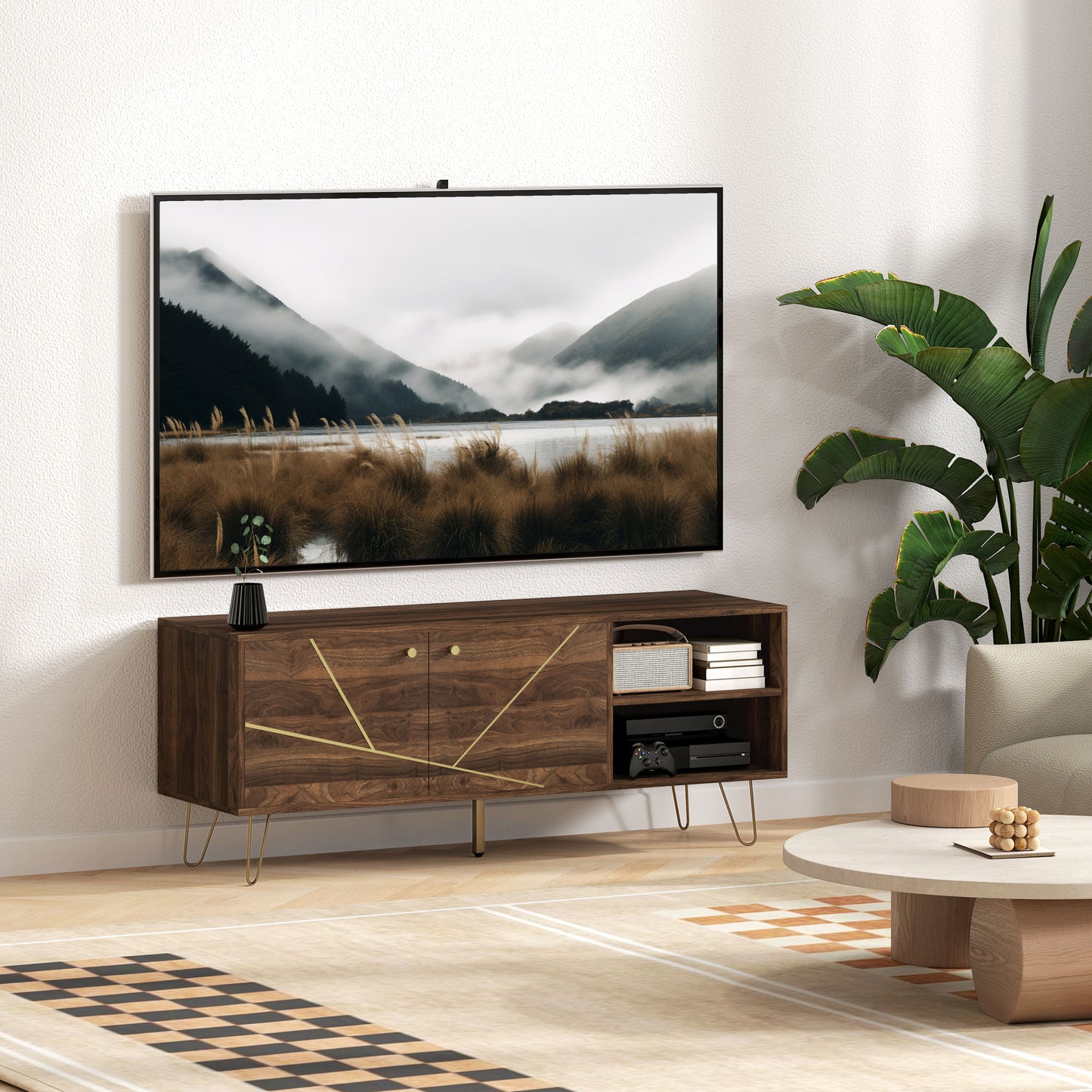 HOMCOM TV Stand Cabinet For Up To 60 Inch TV Modern 130cm Unit With Adjustable Shelves And Hairpin Legs Brown