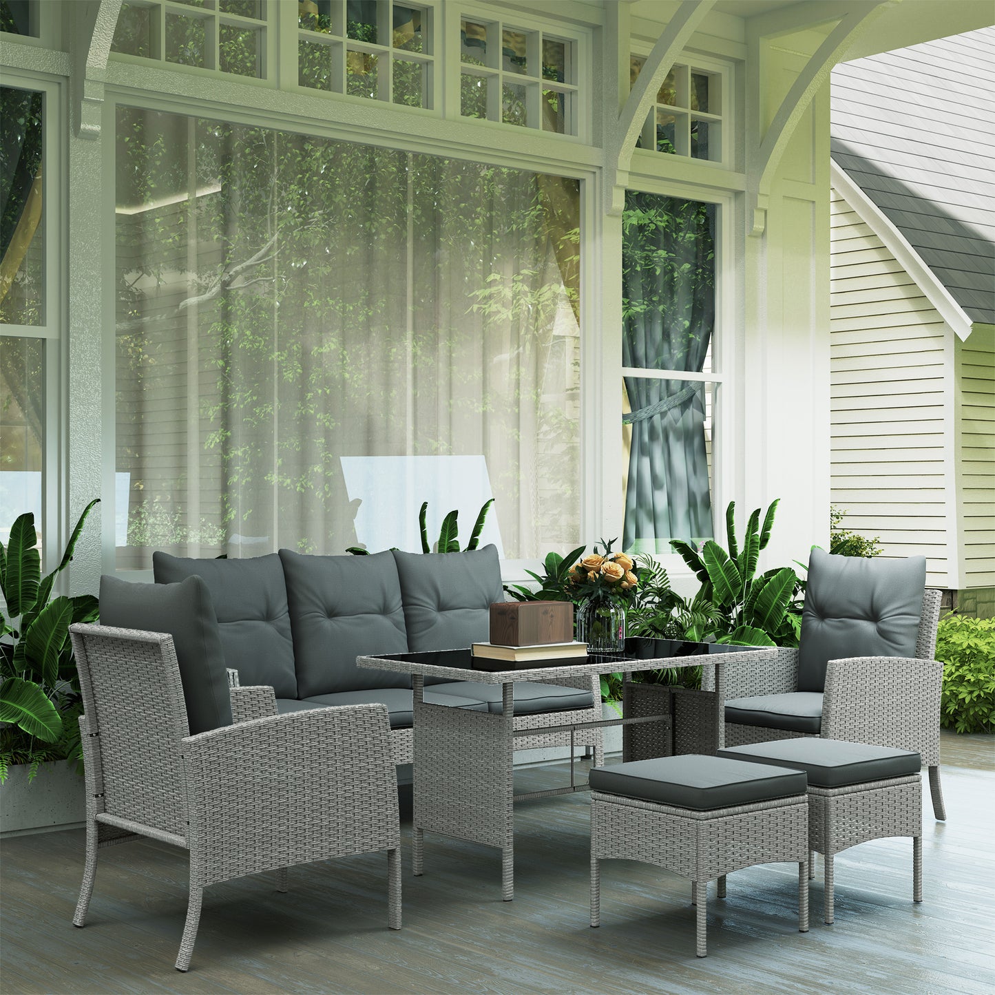 Outsunny 7 Seater Rattan Garden Furniture Set Grey With Glass Table 6 Piece Patio Dining Set Armchairs Sofa Footstools