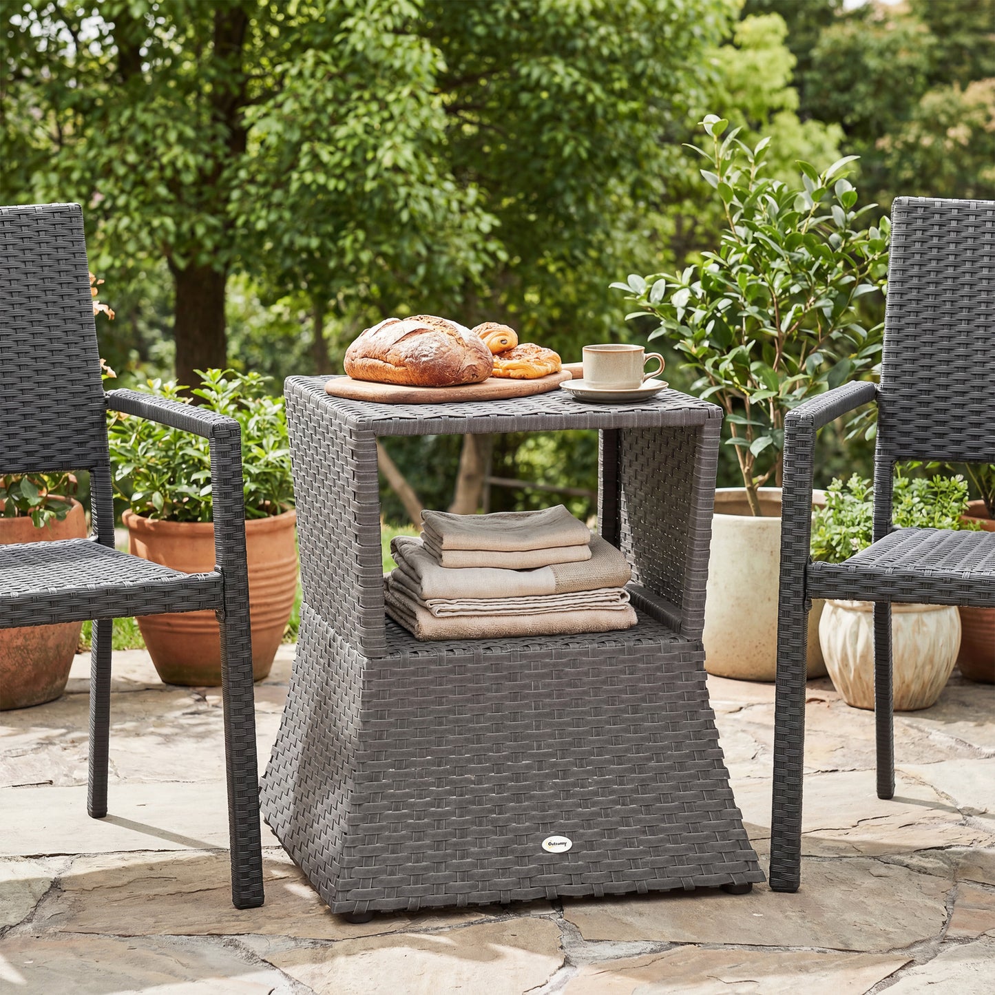 Outsunny Rattan Outdoor Coffee Table Wicker Patio Bistro Side Table With Umbrella Hole And Storage Space Dark Grey