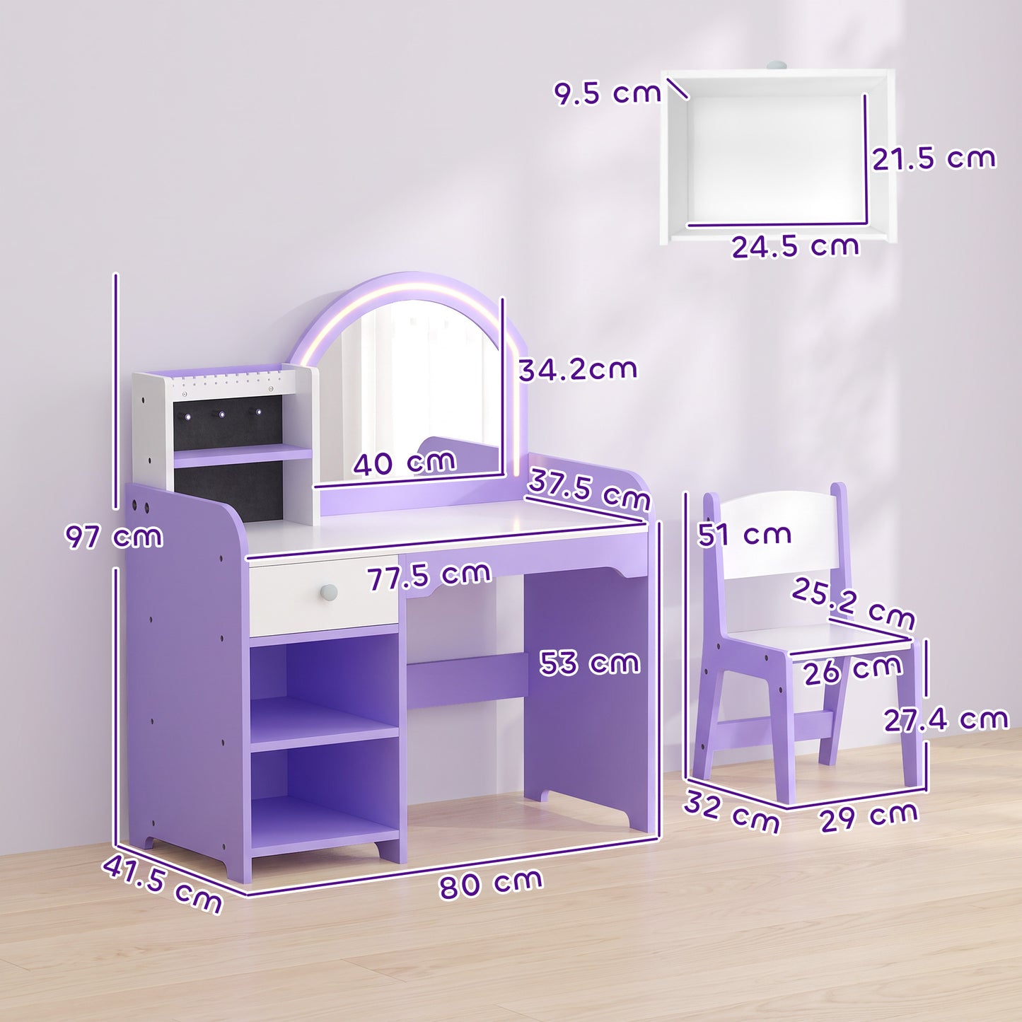 Kids Vanity Set With Light Up Mirror Stool Purple Dressing Table Gift Girls