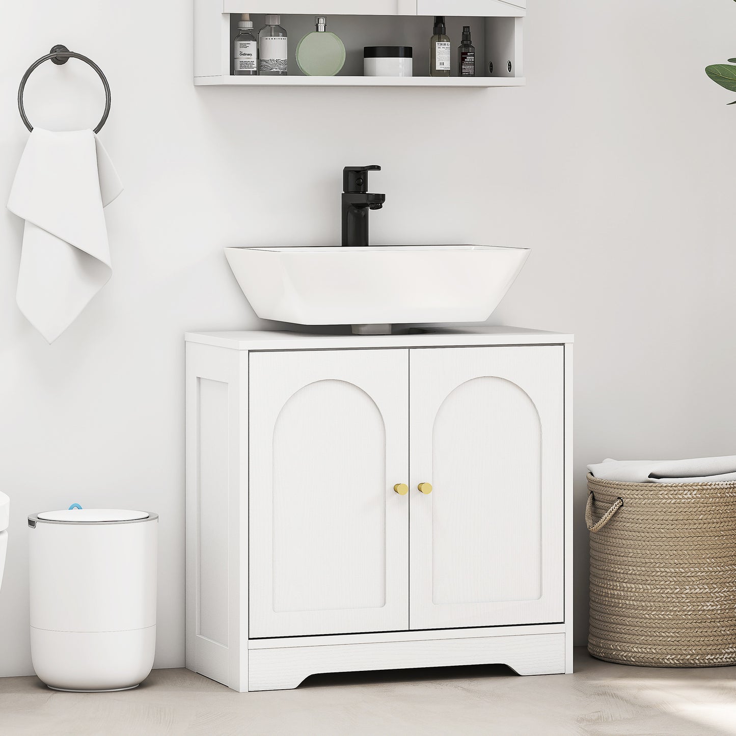 HOMCOM Under Sink Bathroom Cabinet White With Double Doors Fits Most Basins Three Level Adjustable Shelf Behind Doors