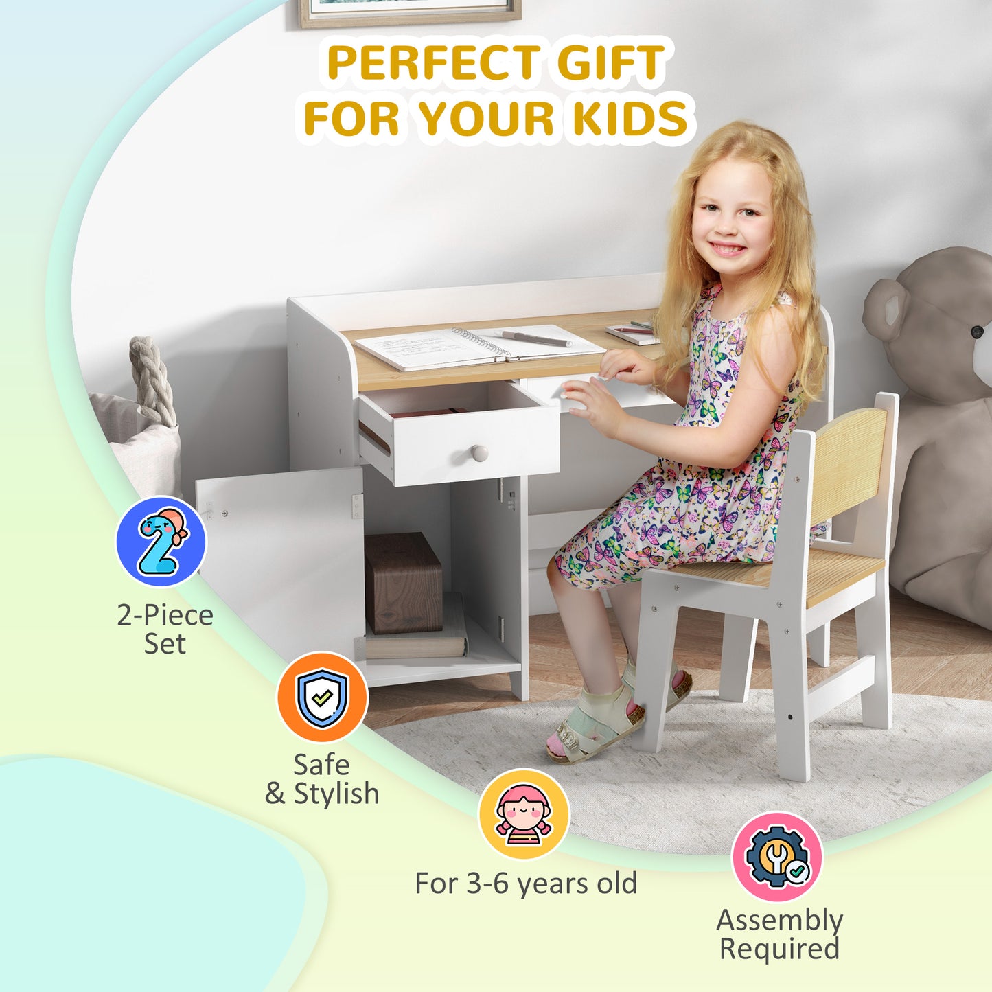 ZONEKIZ Kids Desk And Chair Set For 3 To 6 Years With Storage Drawer White Study Table And Chair