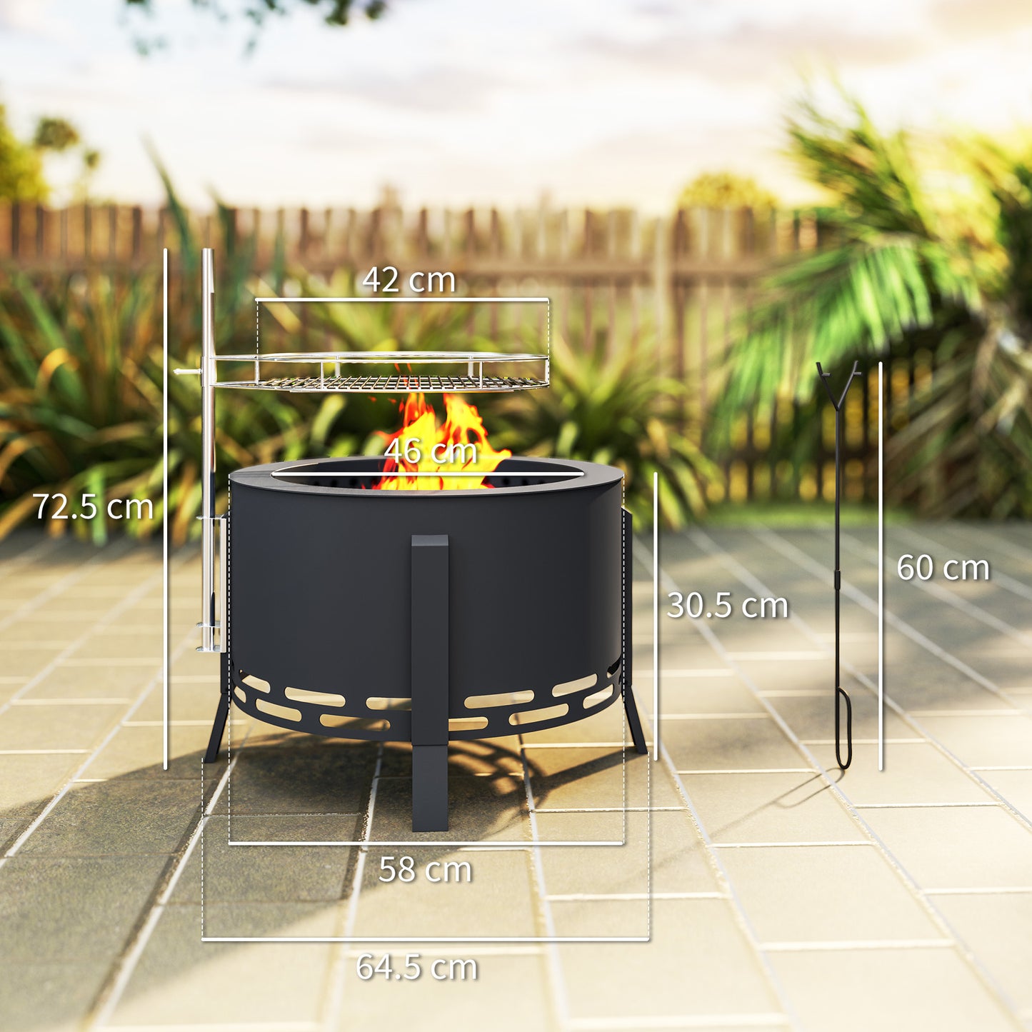 Outsunny Portable Fire Pit 58 cm Round With Grill Grate Ash Catcher And Poker For Garden Camping Bonfire BBQ Black