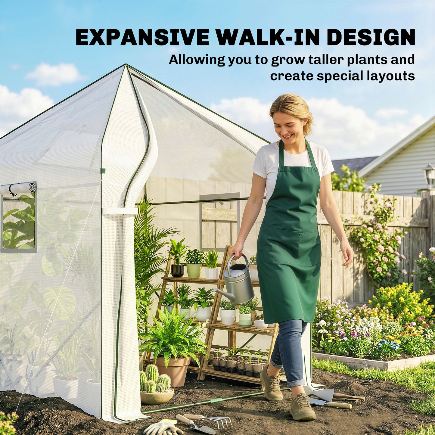 Outsunny Walk In Greenhouse For Outdoors With Steel Frame Large Plant House With Roll Up Door PE Ground Cover White
