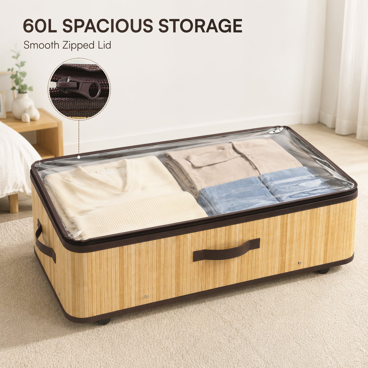 HOMCOM 60L Under Bed Storage Boxes With Wheels And Clear Lid Natural Pack Of 2