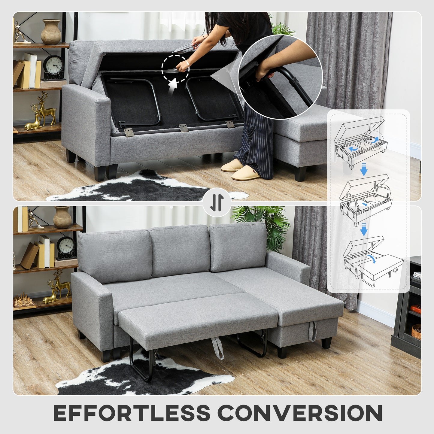 HOMCOM Three Seater Storage Sofa Bed Grey With Hidden Chaise Storage And Linen Look Upholstery