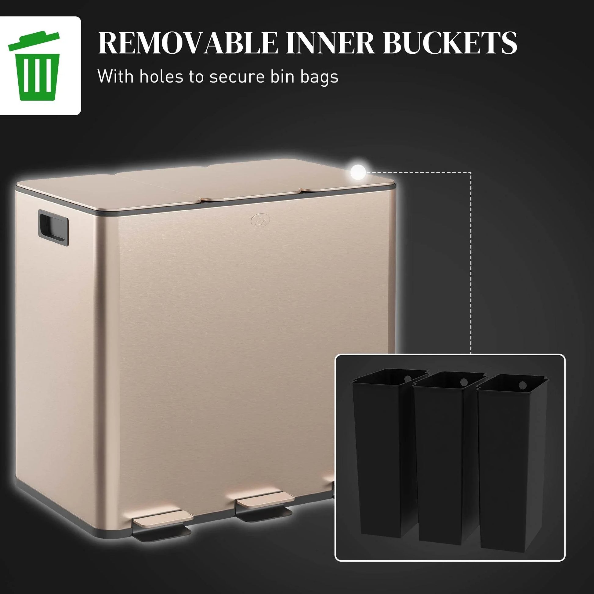 HOMCOM 45L Stainless Steel Triple Compartment Pedal Bin with Soft Close Lid and Removable Buckets - Fingerprint Resistant Gold Finish - ALL4U RETAILER LTD
