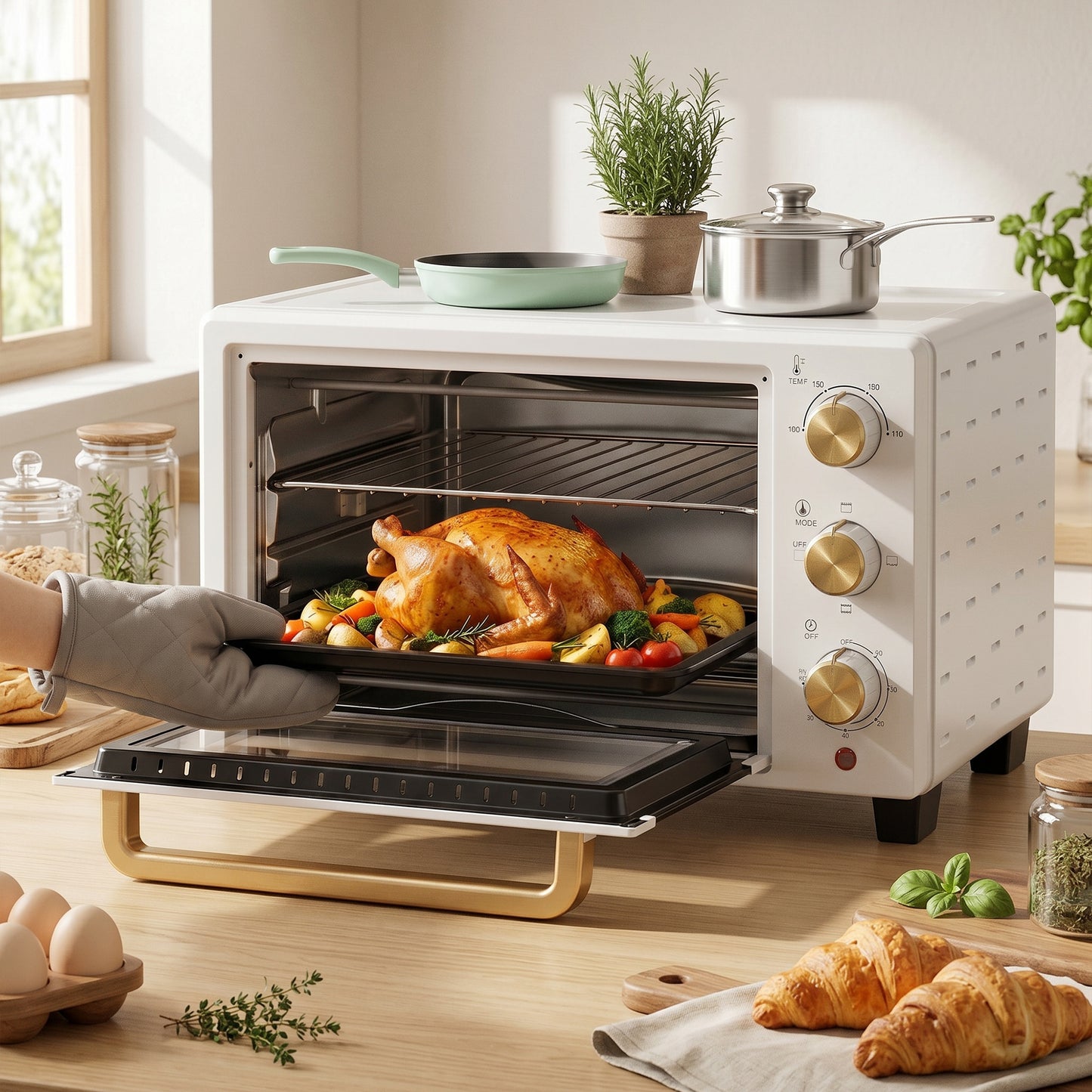 HOMCOM 21L Mini Countertop Oven With Removable Rack And Tray Adjustable Temperature 100 To 230 Celsius White