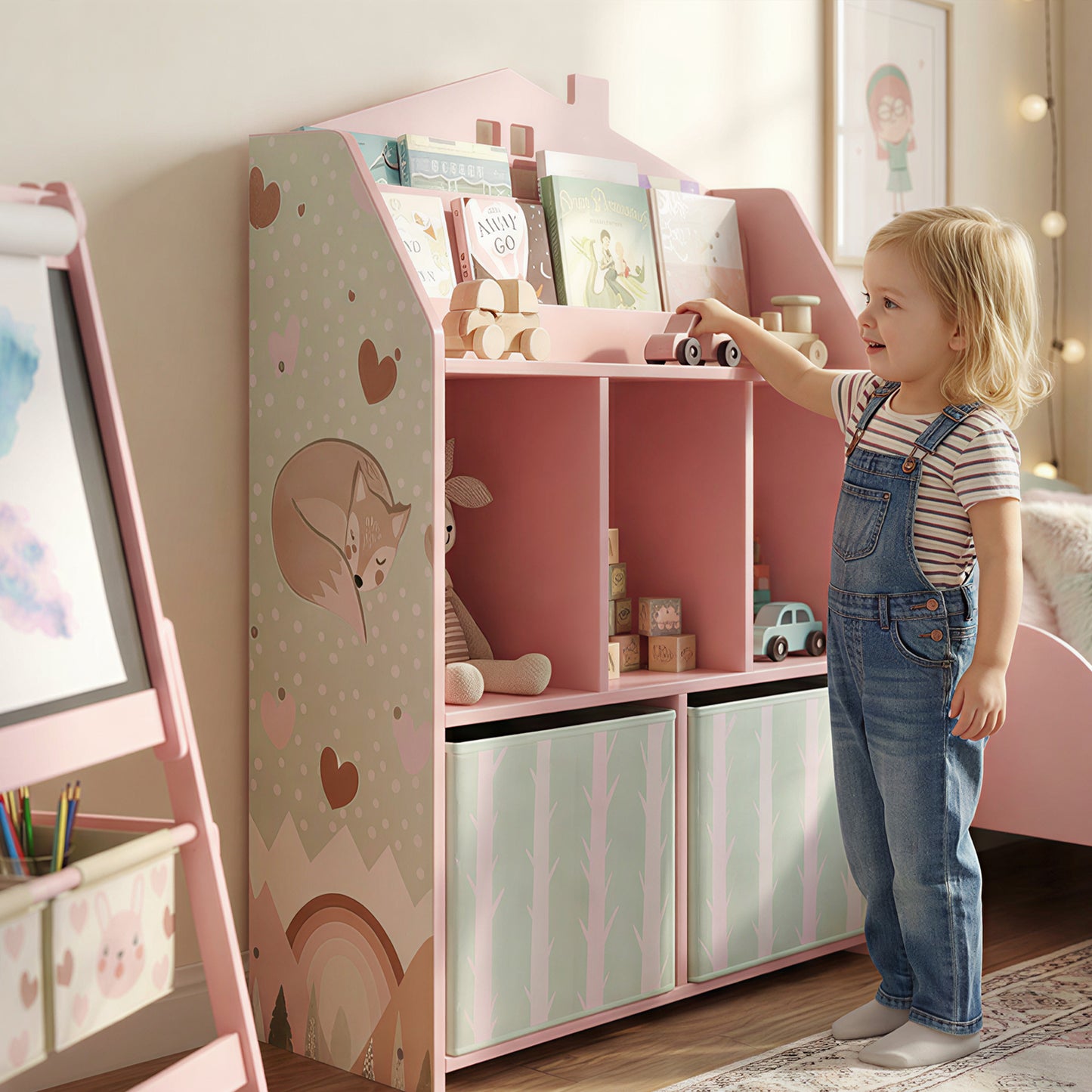 AIYAPLAY Kids Bookshelf With Storage Toy Display Shelves And Fabric Drawers Pink Playroom Nursery