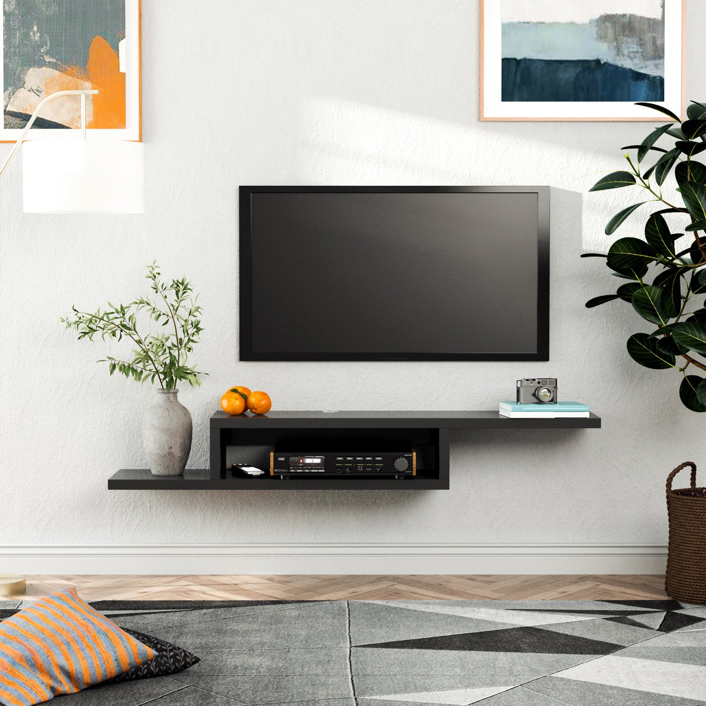 HOMCOM Floating TV Unit Wall Mounted with Open Shelf and 2 Cable Holes Black Entertainment Console for Living Room