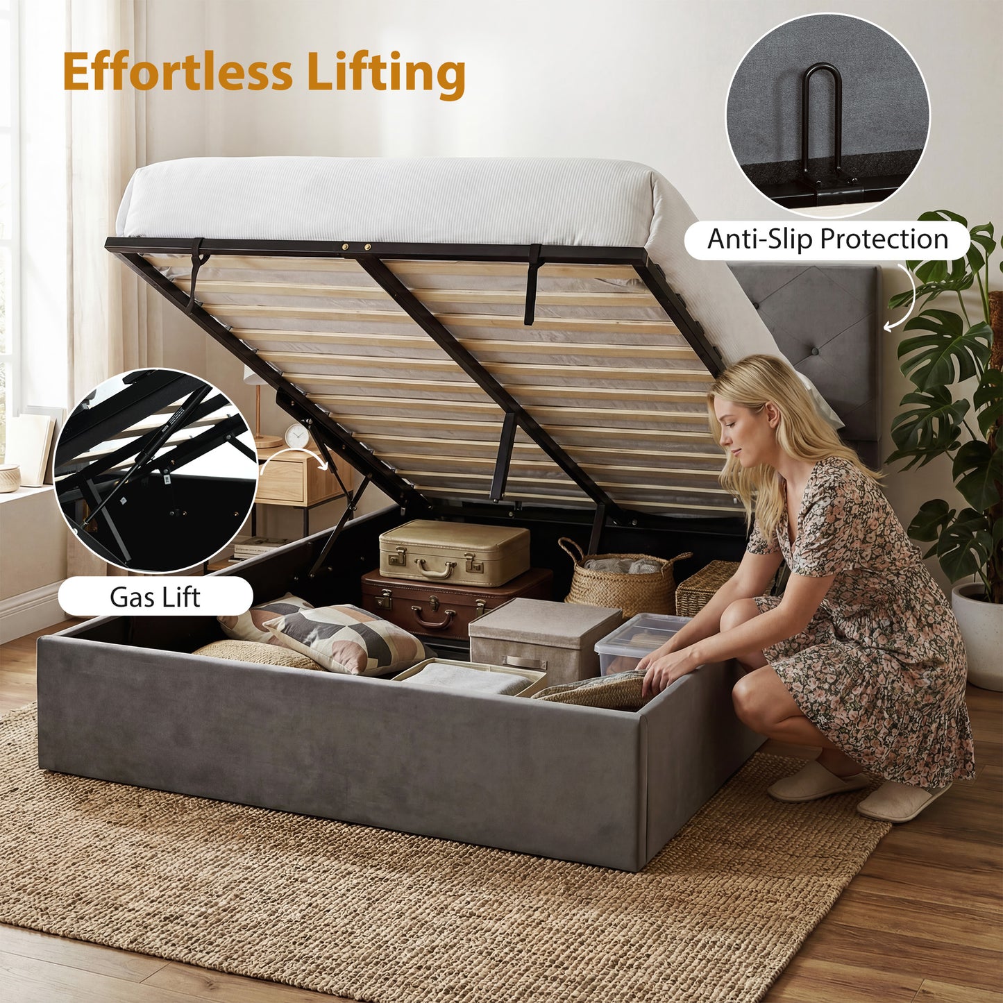 HOMCOM King Size Bed Frame With Gas Lift Under Bed Storage And Upholstered Tufted Headboard For 150 x 200 cm Mattress