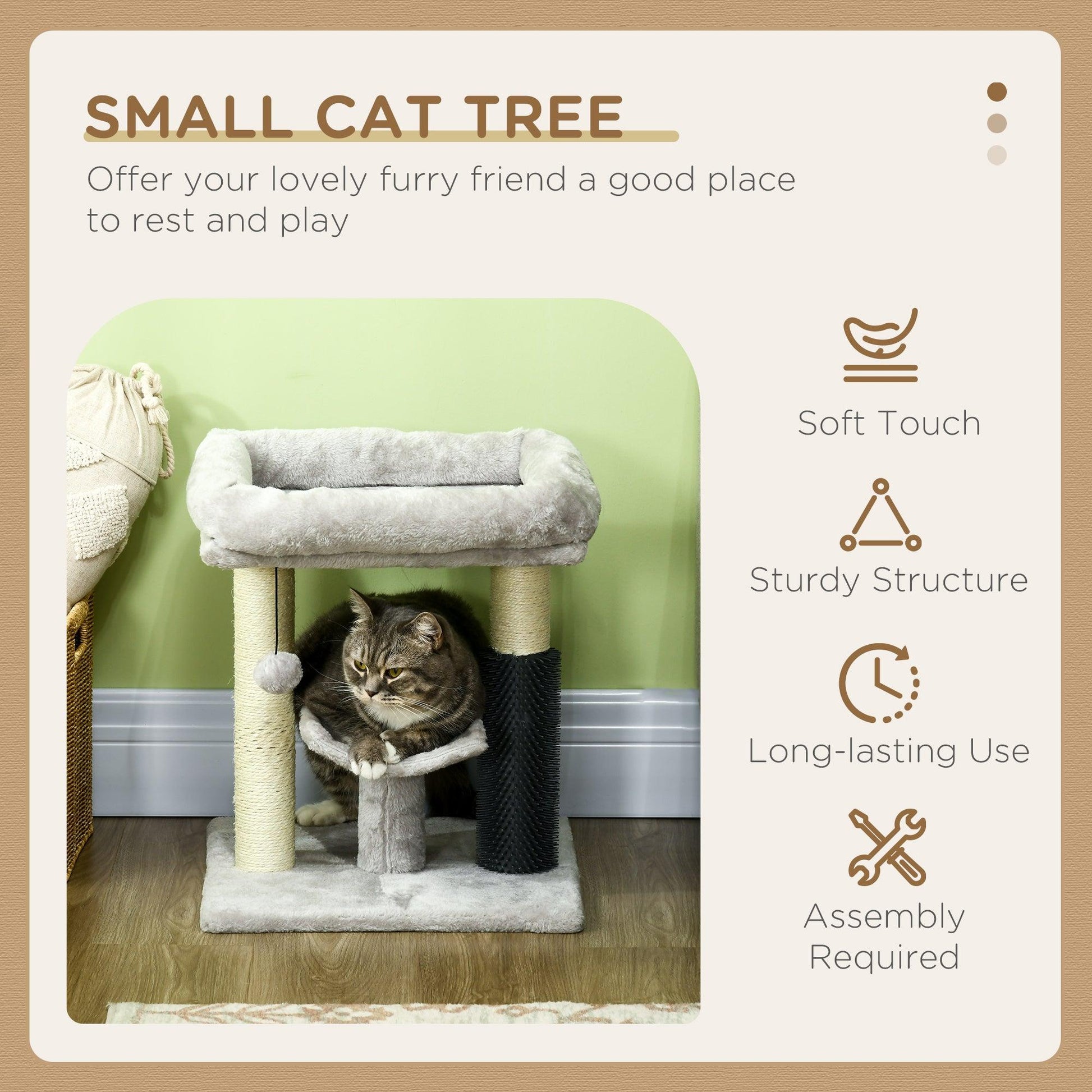 PawHut Small Cat Tree Tower w/ Scratching Posts, Bed, Perch, Self Groomer, Toy - ALL4U RETAILER LTD