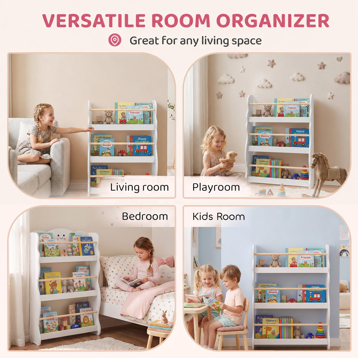 White 3-tier kids wall bookshelf with open shelves for books and toys