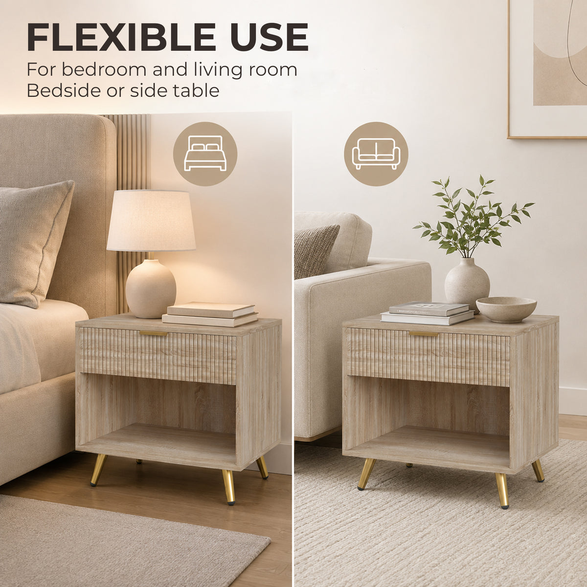 HOMCOM Bedside Table With Drawer Natural Wood Finish Nightstand Bedroom