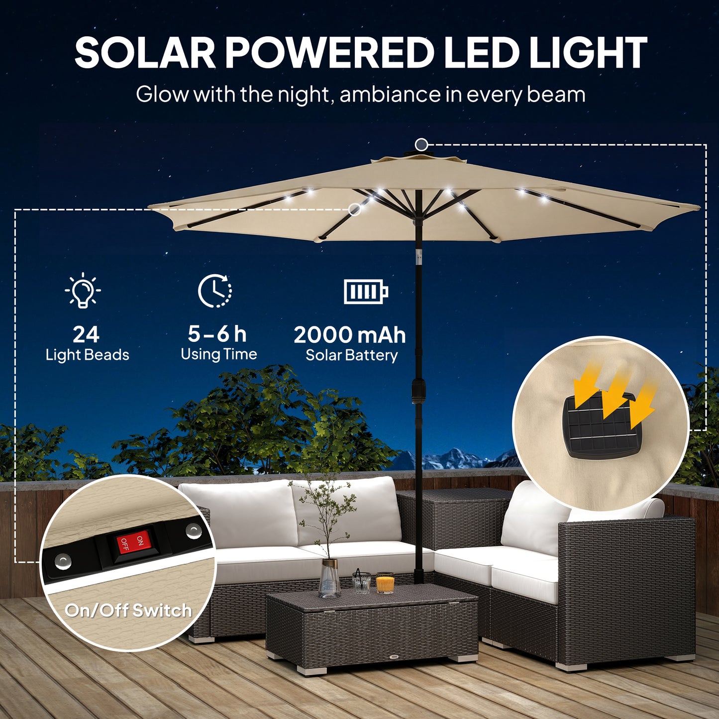 Outsunny 2.6m Garden Parasol Umbrella With LED Solar Light And Parasol Cover Beige For Outdoor Patio