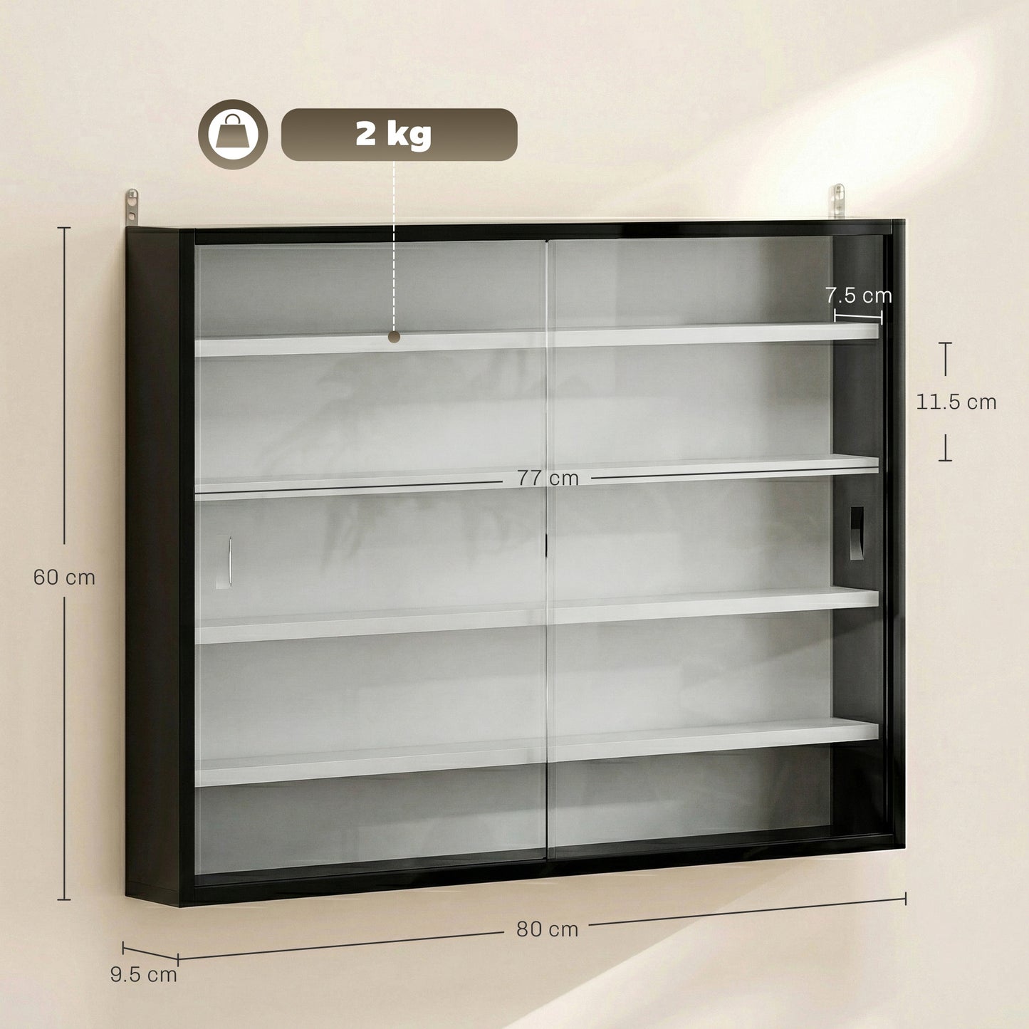 HOMCOM Five Tier Wall Display Cabinet With Glass Doors 60x80 cm Black And White Four Adjustable Shelves
