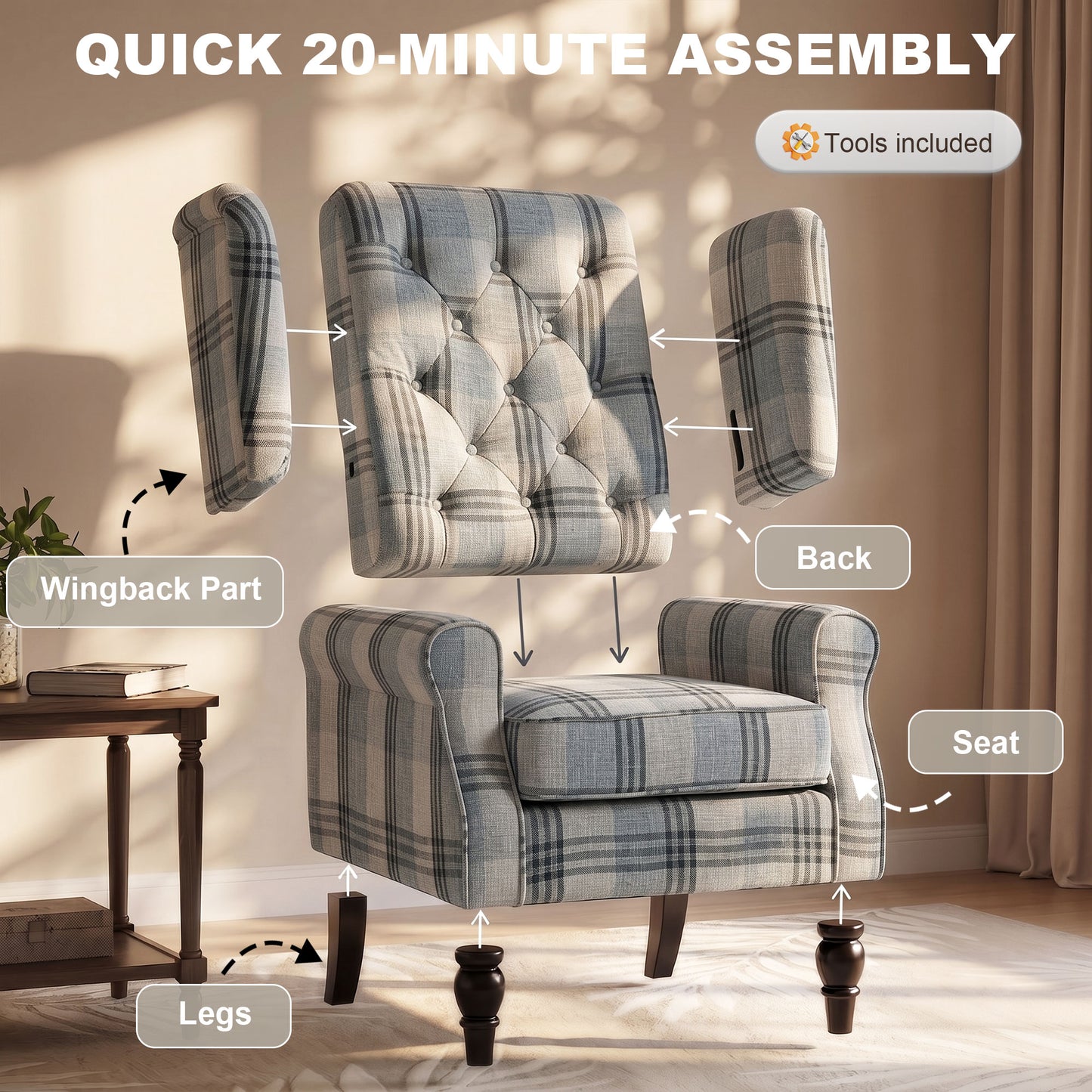 Homcom Plaid Wingback Accent Chair With Tufted High Back And Wood Legs