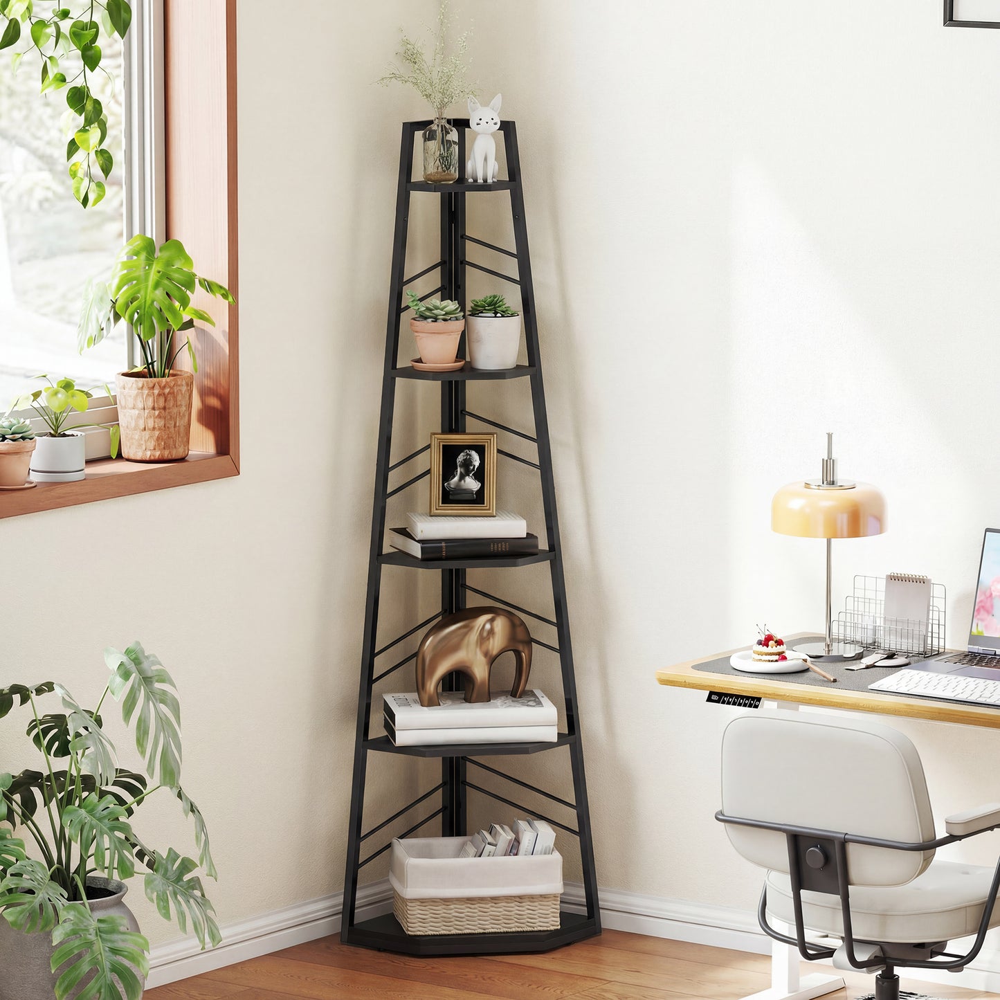 HOMCOM Corner Bookcase 5-Tier Floor Standing Bookshelf For Living Room Study Bedroom Black