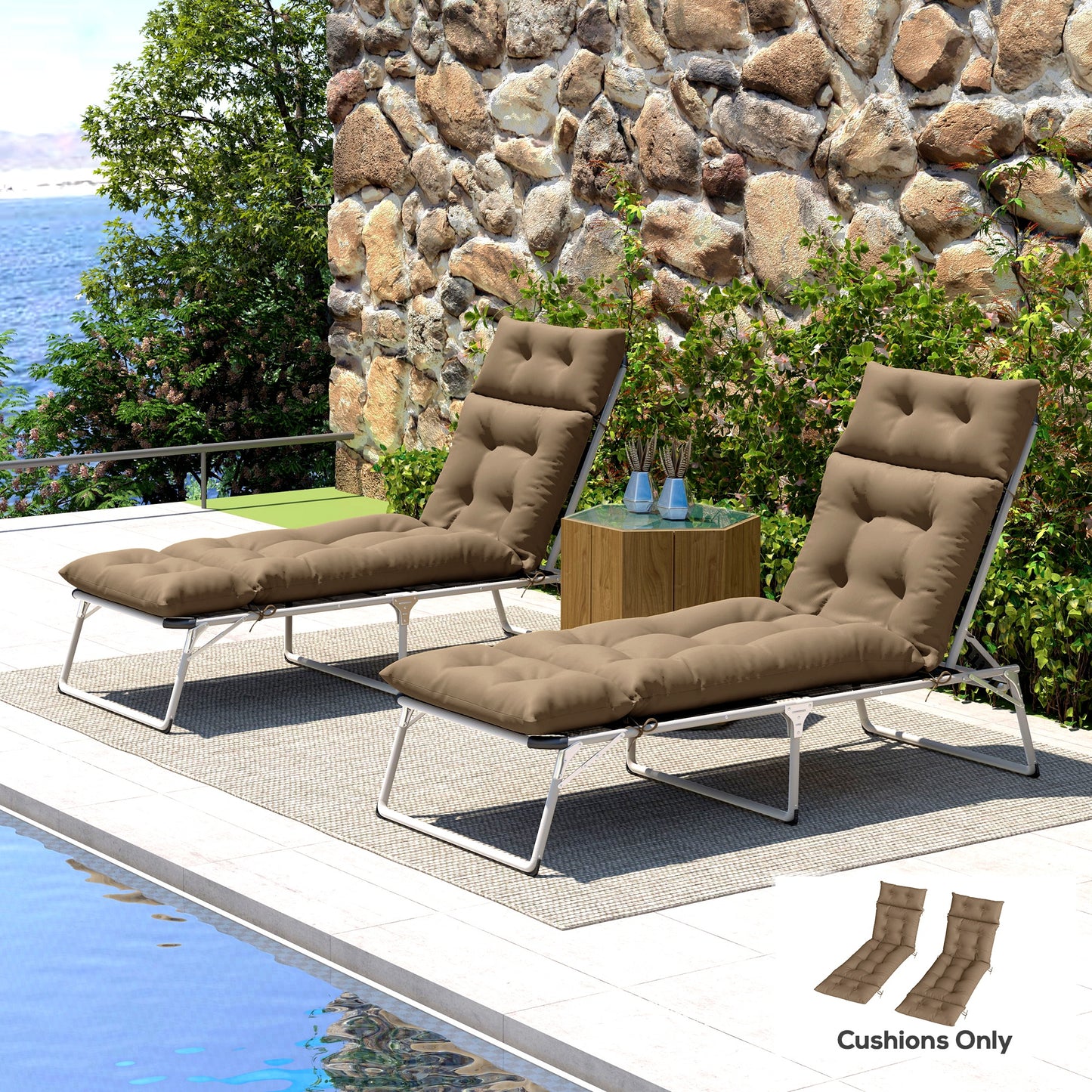 Outsunny Set Of Two 190 By 56 Cm Sun Lounger Cushions For Outdoor Recliners In Khaki With High Resilience Foam