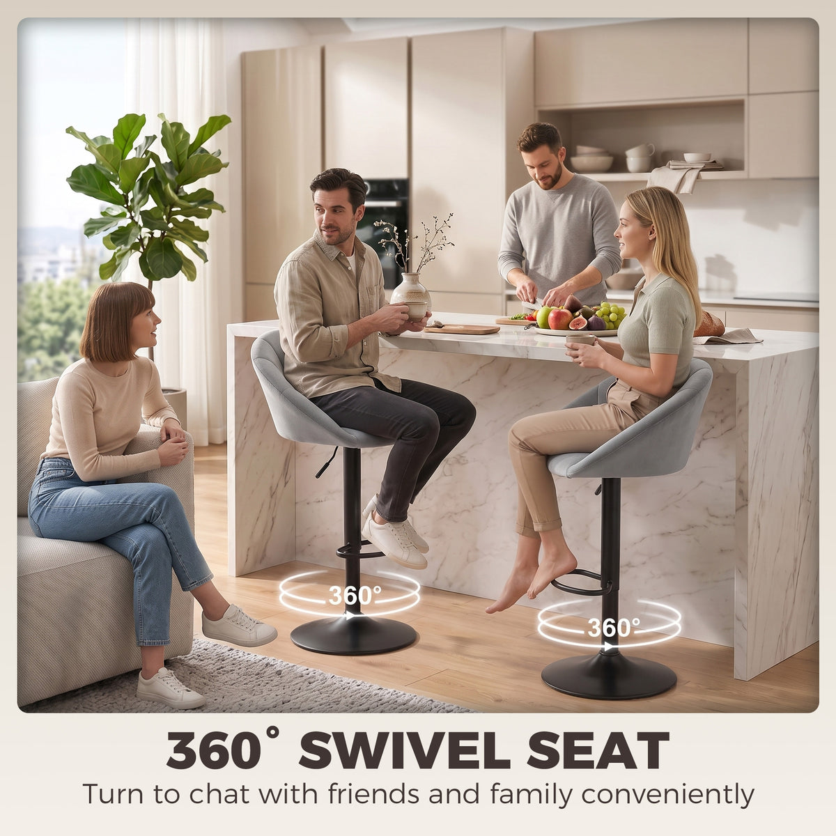 Light gray velvet bar stools with 360° swivel seats on black round bases