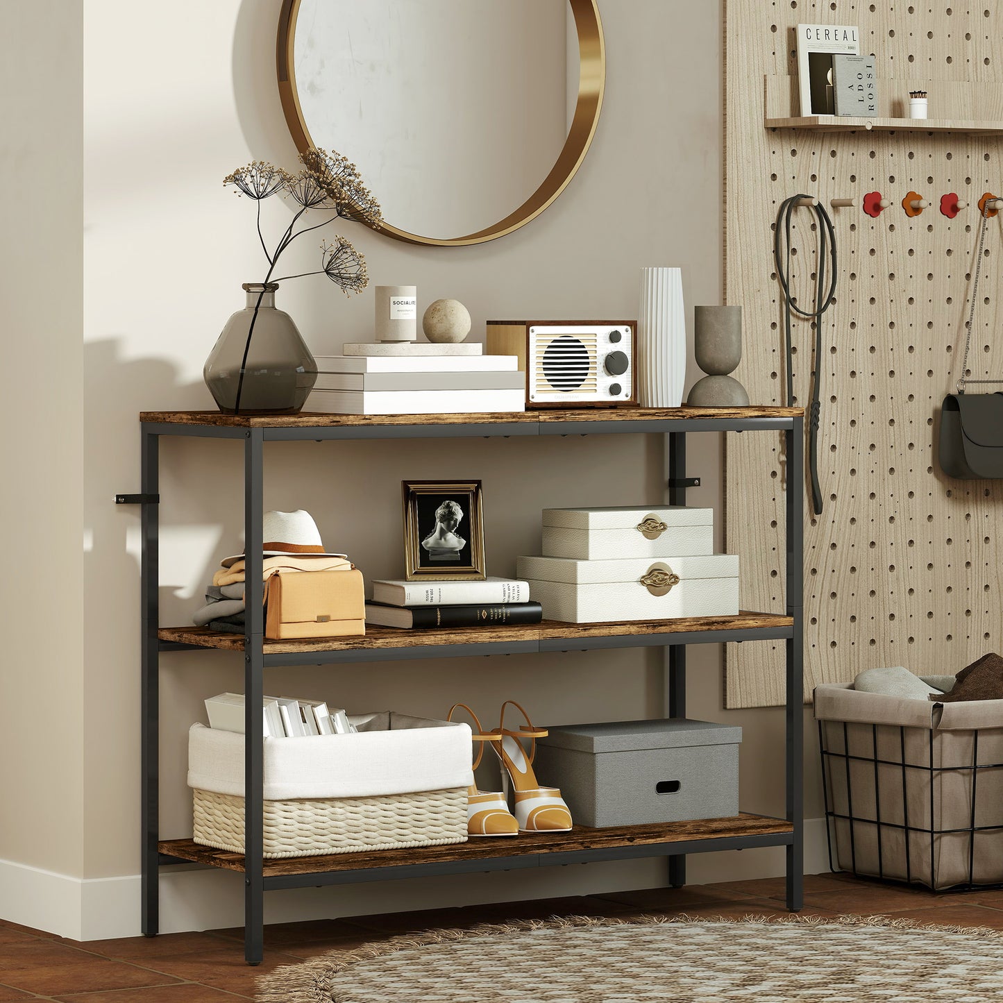 HOMCOM Rustic Brown 3 Tier Console Table With Storage Shelves For Entryway Industrial Black Frame