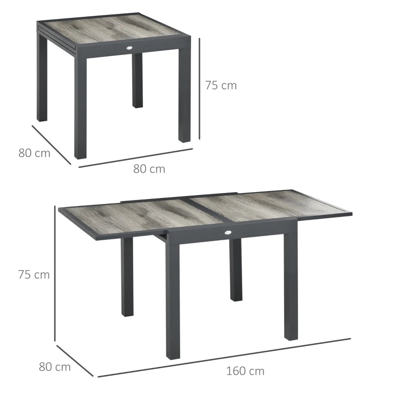 Outsunny Aluminium Frame Rectangular Patio Table, Extending Garden Table for 6 - Outdoor Dining Table with Plastic Board Tabletop - 80/160L x 80W x 75H cm - Grey - ALL4U RETAILER LTD