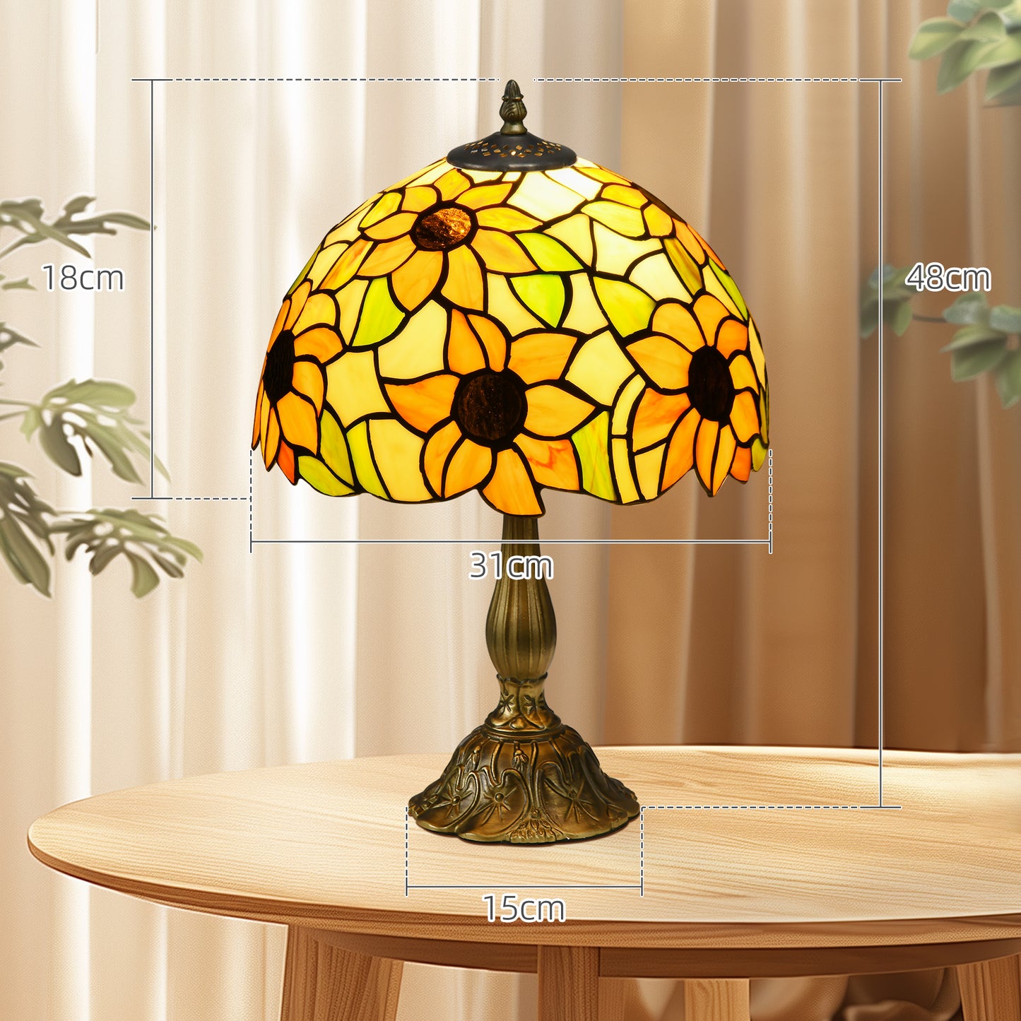 HOMCOM Handcrafted Vintage Stained Glass Table Lamp with Sunflower Design for Bedroom and Living Room Décor - ALL4U RETAILER LTD