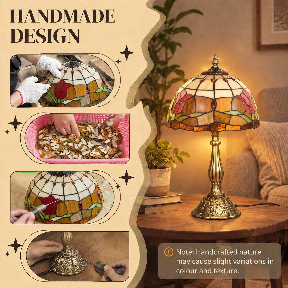 Handmade Tiffany stained glass table lamp with multicolor shade and bronze stand