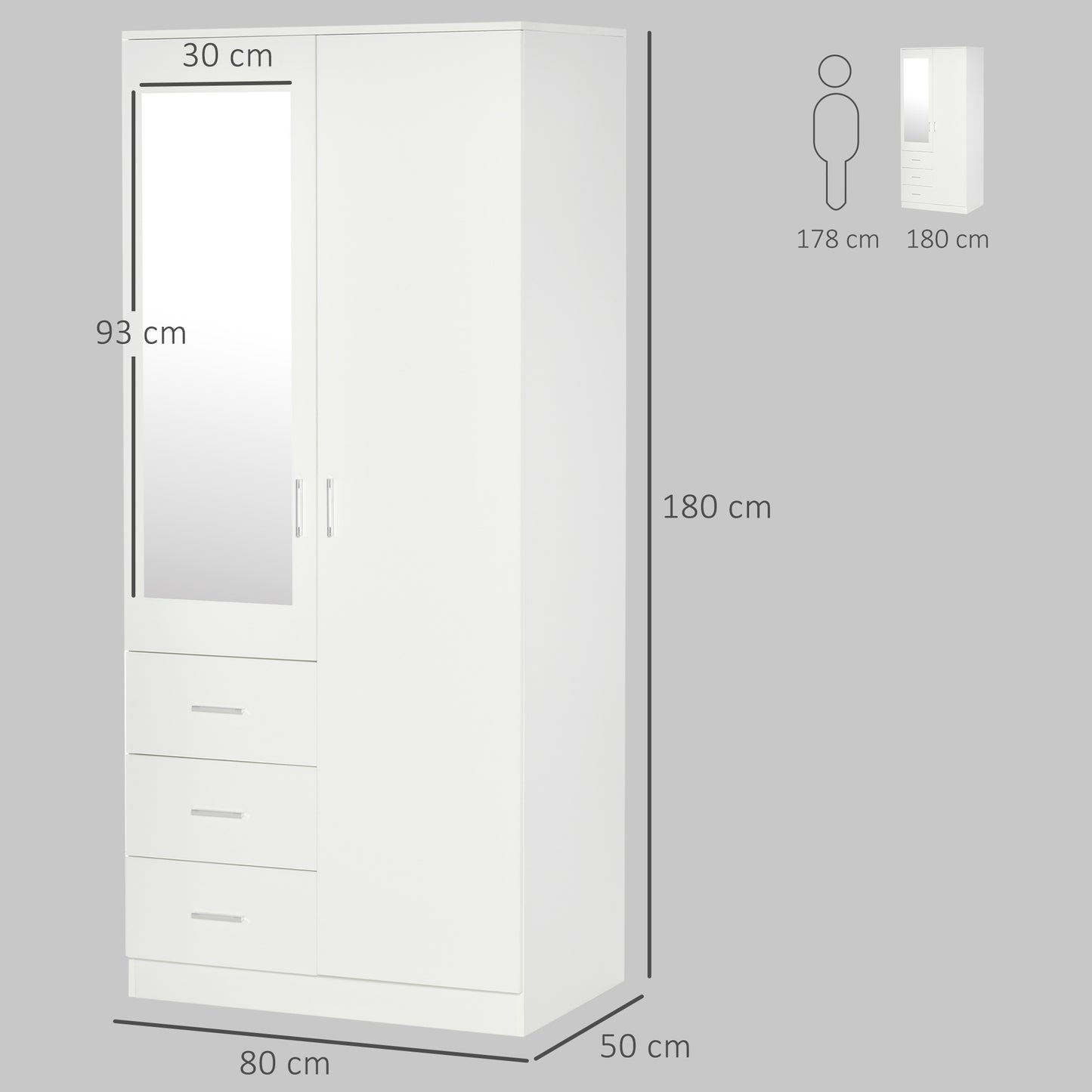 HOMCOM Two Door Three Drawer Mirrored Wardrobe With Hanging Rail And Adjustable Shelves White 80 Cm By 50 Cm By 180 Cm