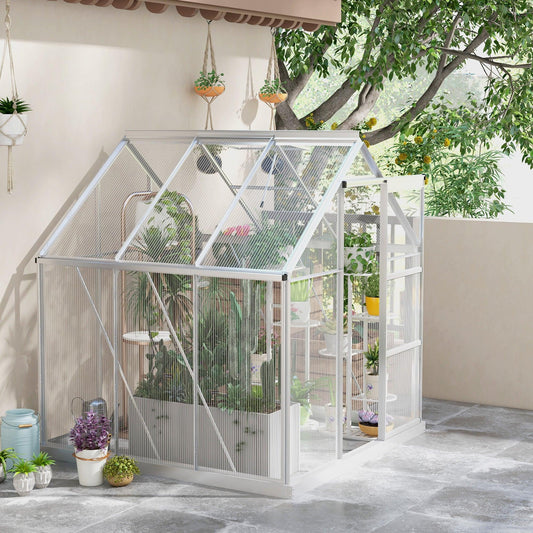Outsunny 6 x 6ft Walk-In Greenhouse, Polycarbonate Greenhouse with Sliding Door, Window, Aluminium Frame, Foundation, Silver - ALL4U RETAILER LTD