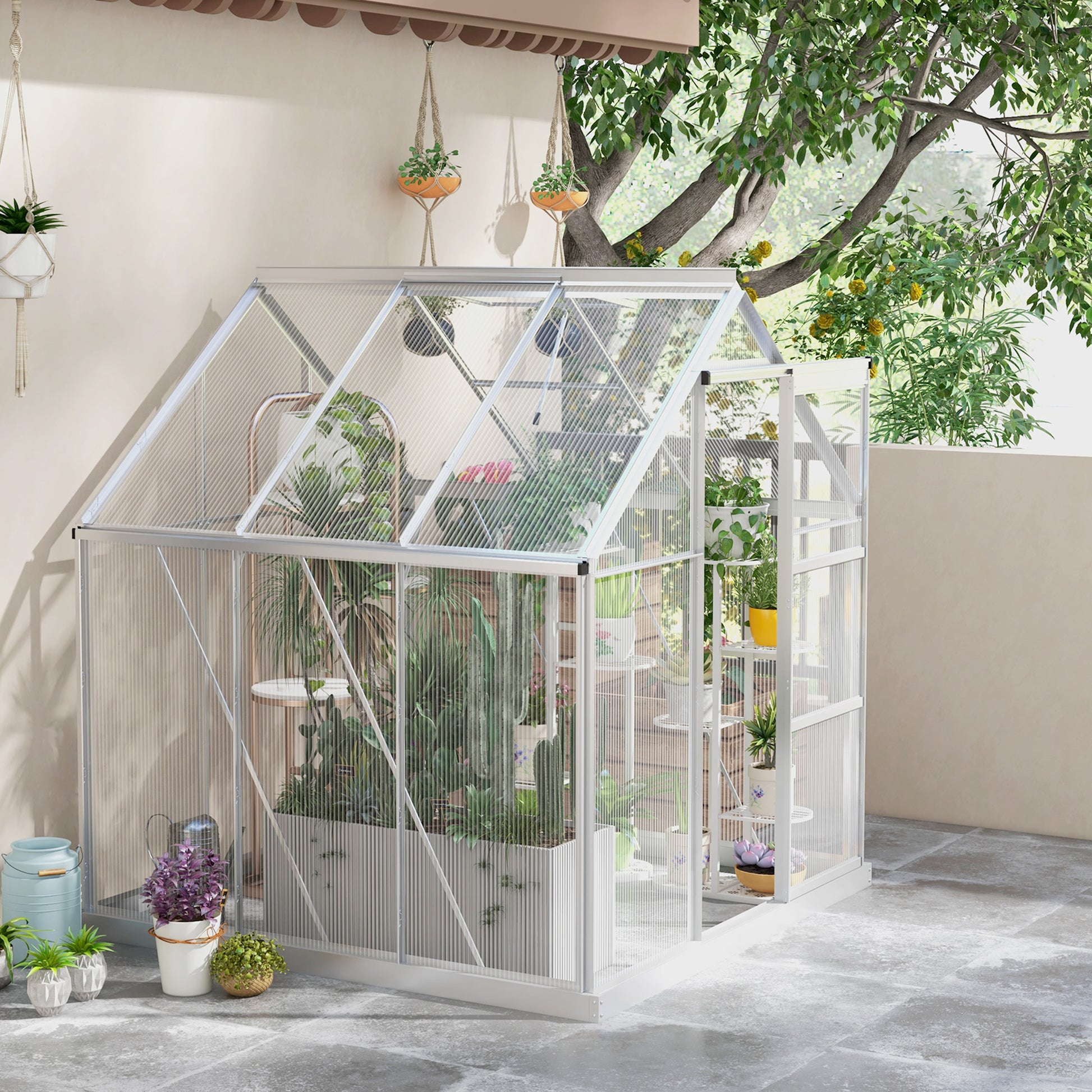 Outsunny 6 x 6ft Aluminium Framed Polycarbonate Greenhouse with Sliding Door and Adjustable Window, Silver - ALL4U RETAILER LTD