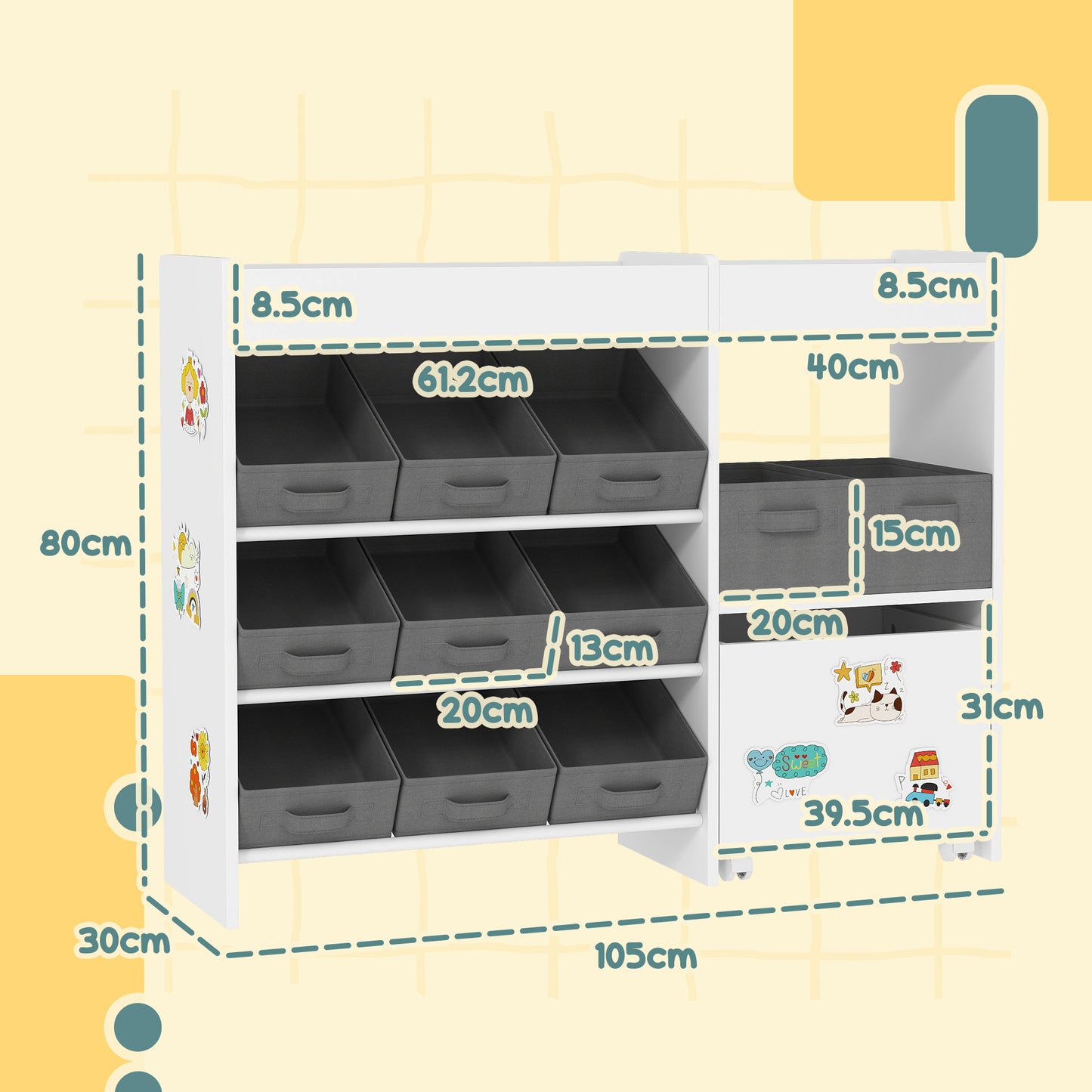 AIYAPLAY Kids Toy Storage Unit With 11 Fabric Bins Cabinet And Top Shelves White For Nursery And Playroom