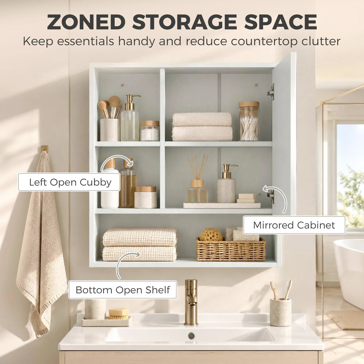 White bathroom mirror cabinet with mirrored door and multiple open storage shelves