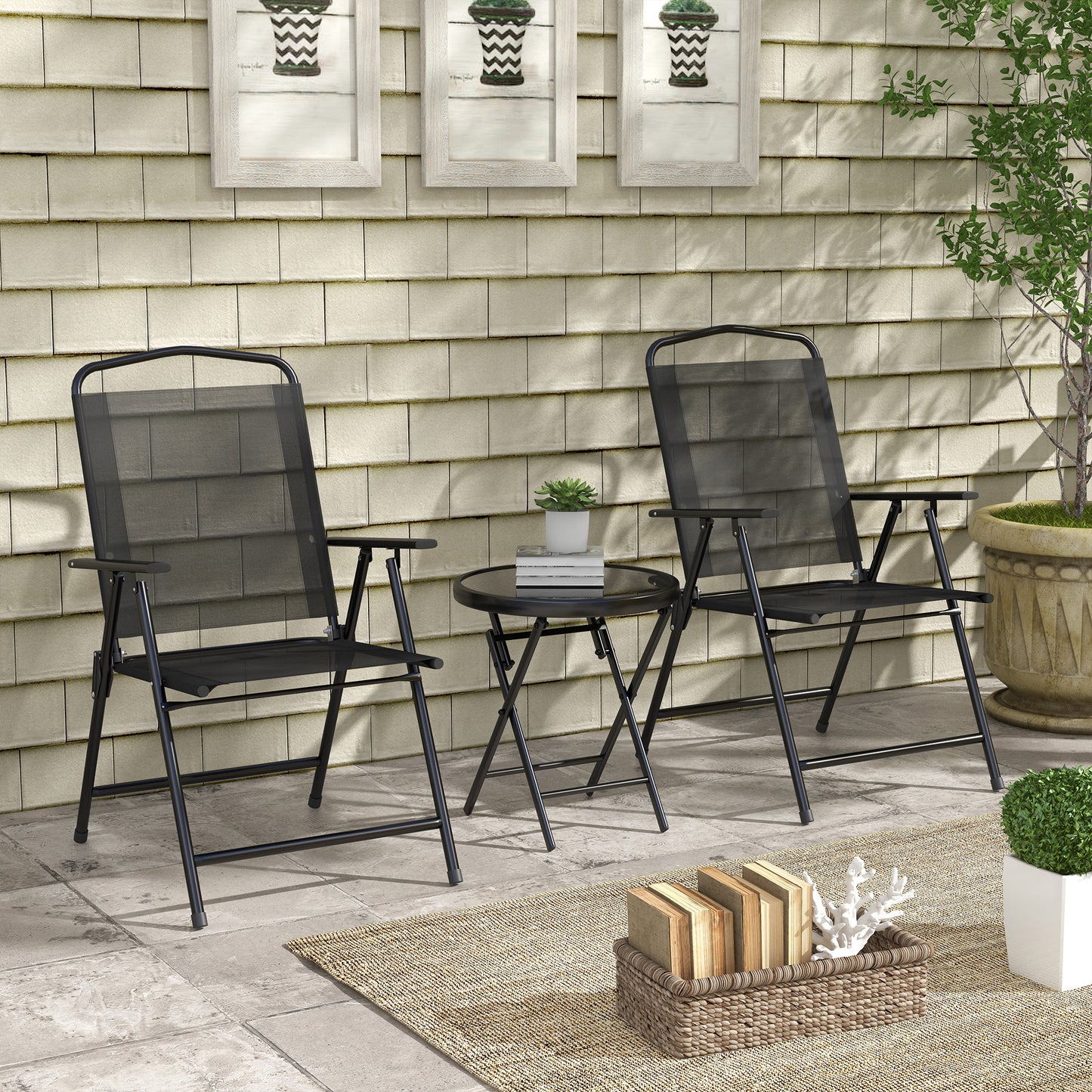 Outsunny Three Piece Foldable Garden Seat Set With Glass Top Table And Chairs Black Powder Coated Metal