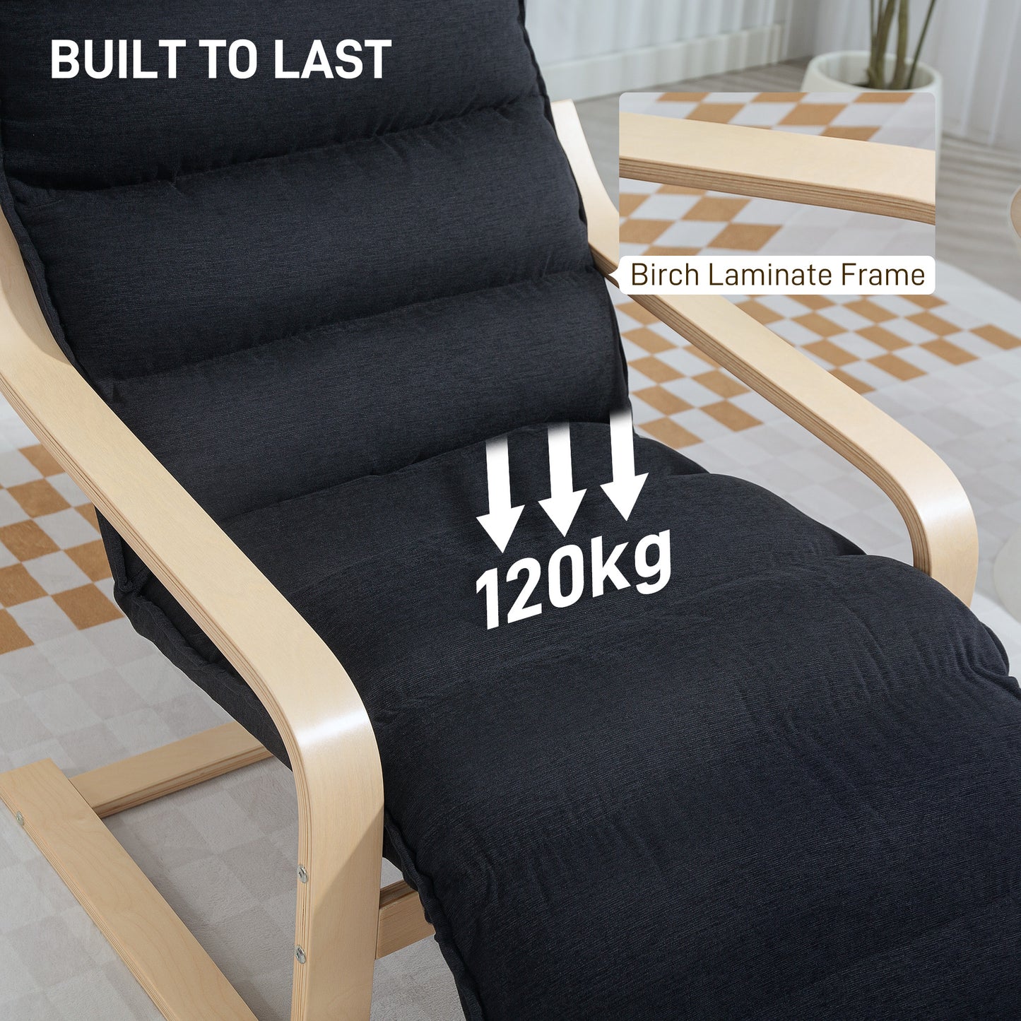 HOMCOM Curved Wooden Accent Chair With Adjustable Footrest Rocking Motion Velvet Upholstery Black Birch Wood Frame