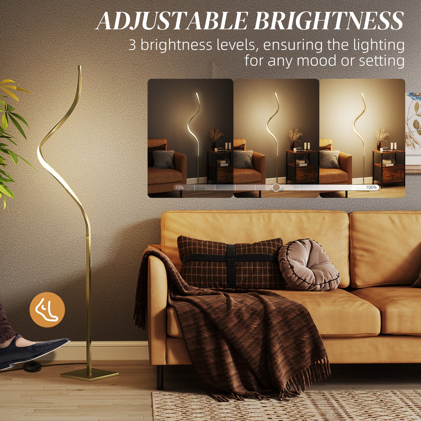 HOMCOM LED Floor Lamp Spiral Twist With 3 Adjustable Brightness Levels Foot Switch Gold Tone For Bedroom Living Room
