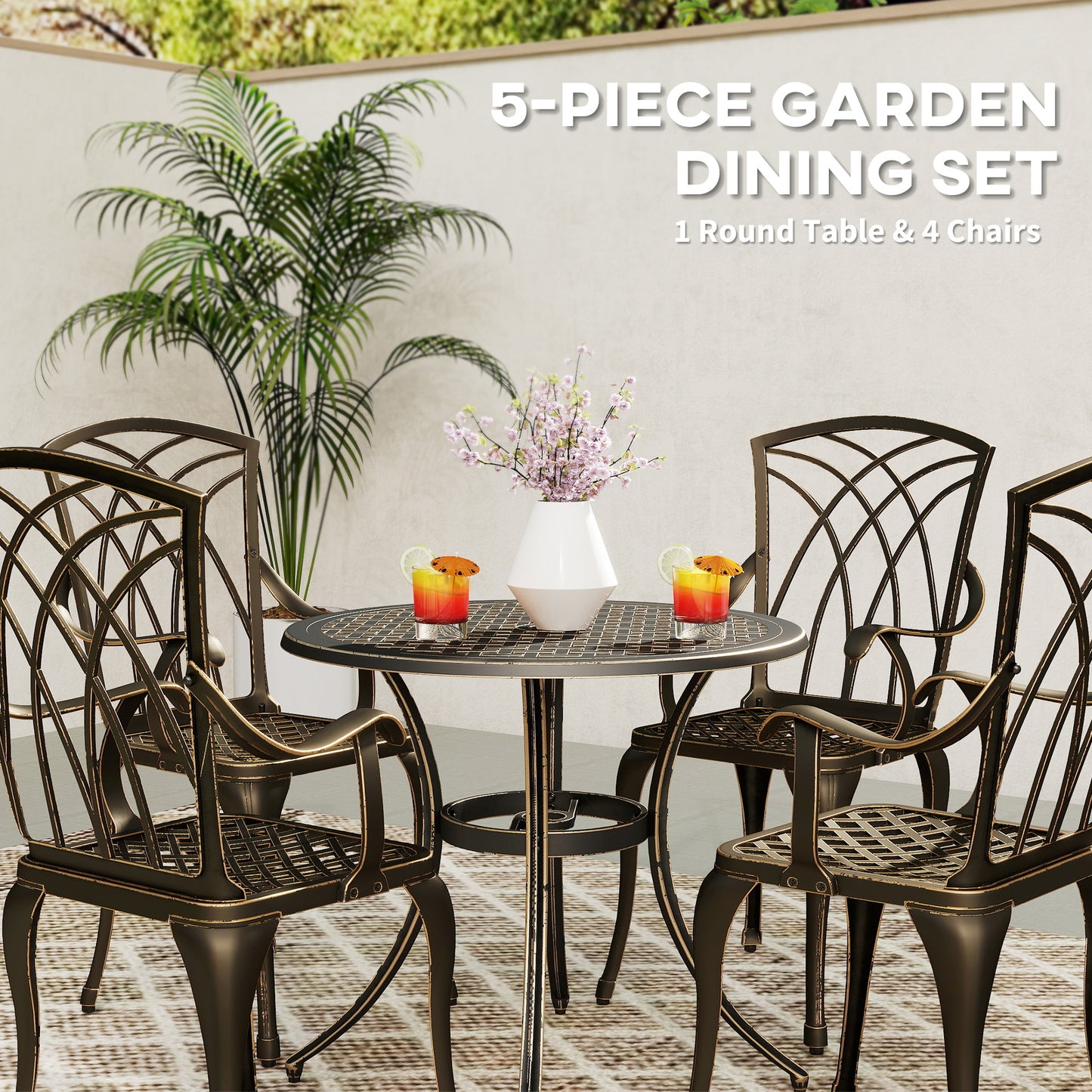 Outsunny 5 Piece Garden Dining Set For 4 Cast Aluminium Outdoor Round Table And Armchairs With Parasol Hole Bronze Tone