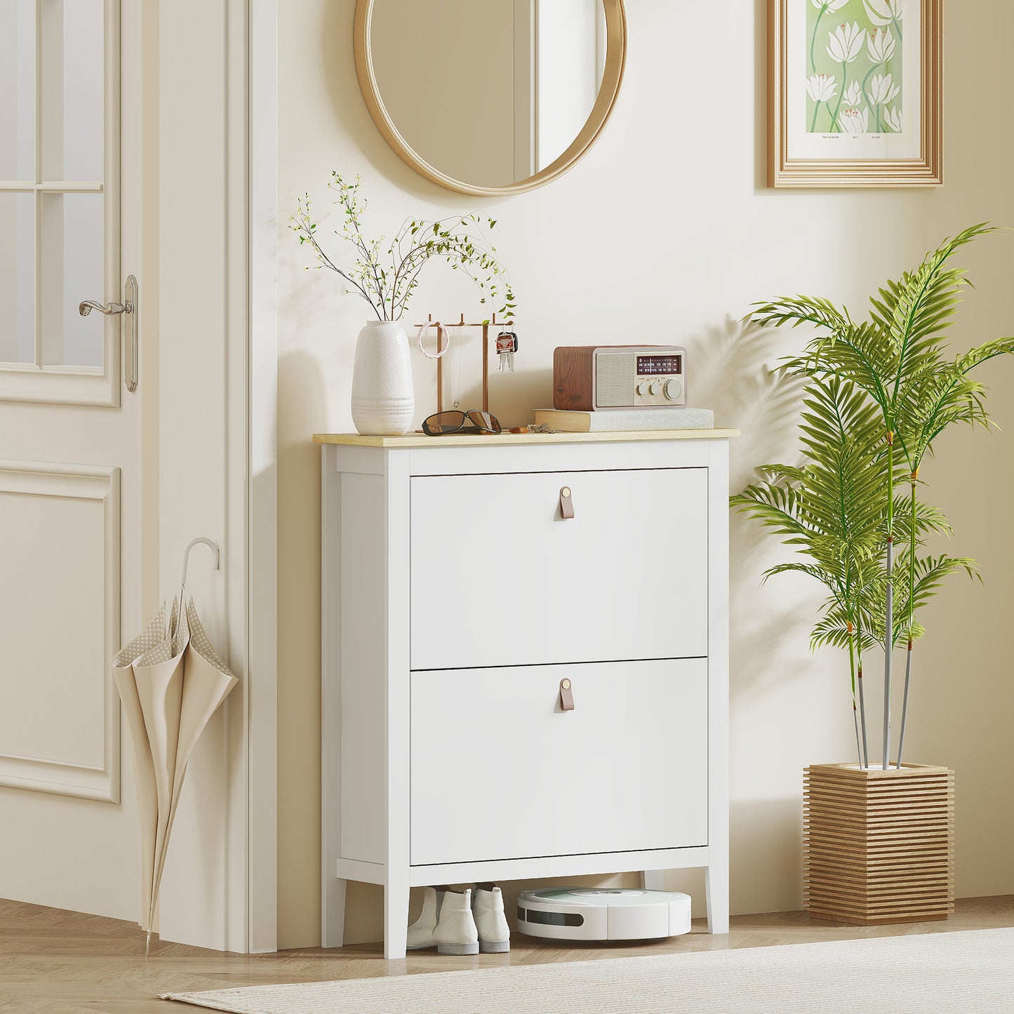 HOMCOM Modern Two Drawer Shoe Cabinet White Slim Shoe Storage For 14 Pairs UK Mens 9.5