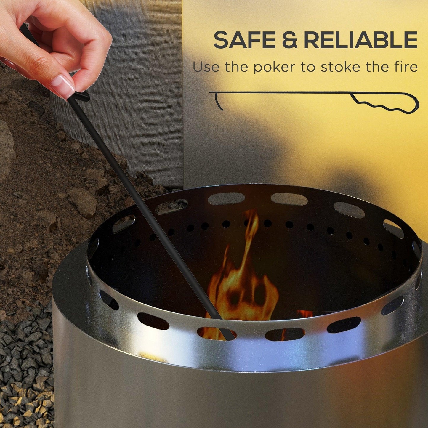 Outsunny Smokeless Fire Pit, 48.5cm Portable Wood Burning Firepit with Poker for Garden Camping Bonfire Party, Stainless Steel, Silver - ALL4U RETAILER LTD