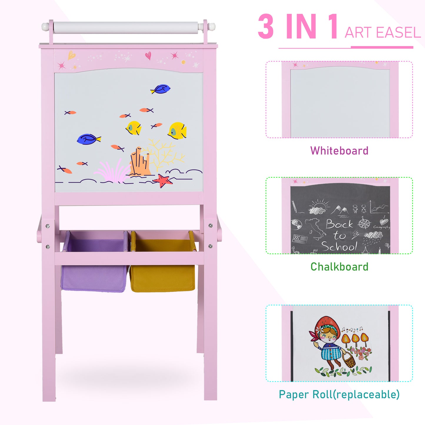 HOMCOM Kids 3 In 1 Wooden Art Easel With Paper Roll Chalkboard Whiteboard Storage Baskets Pink