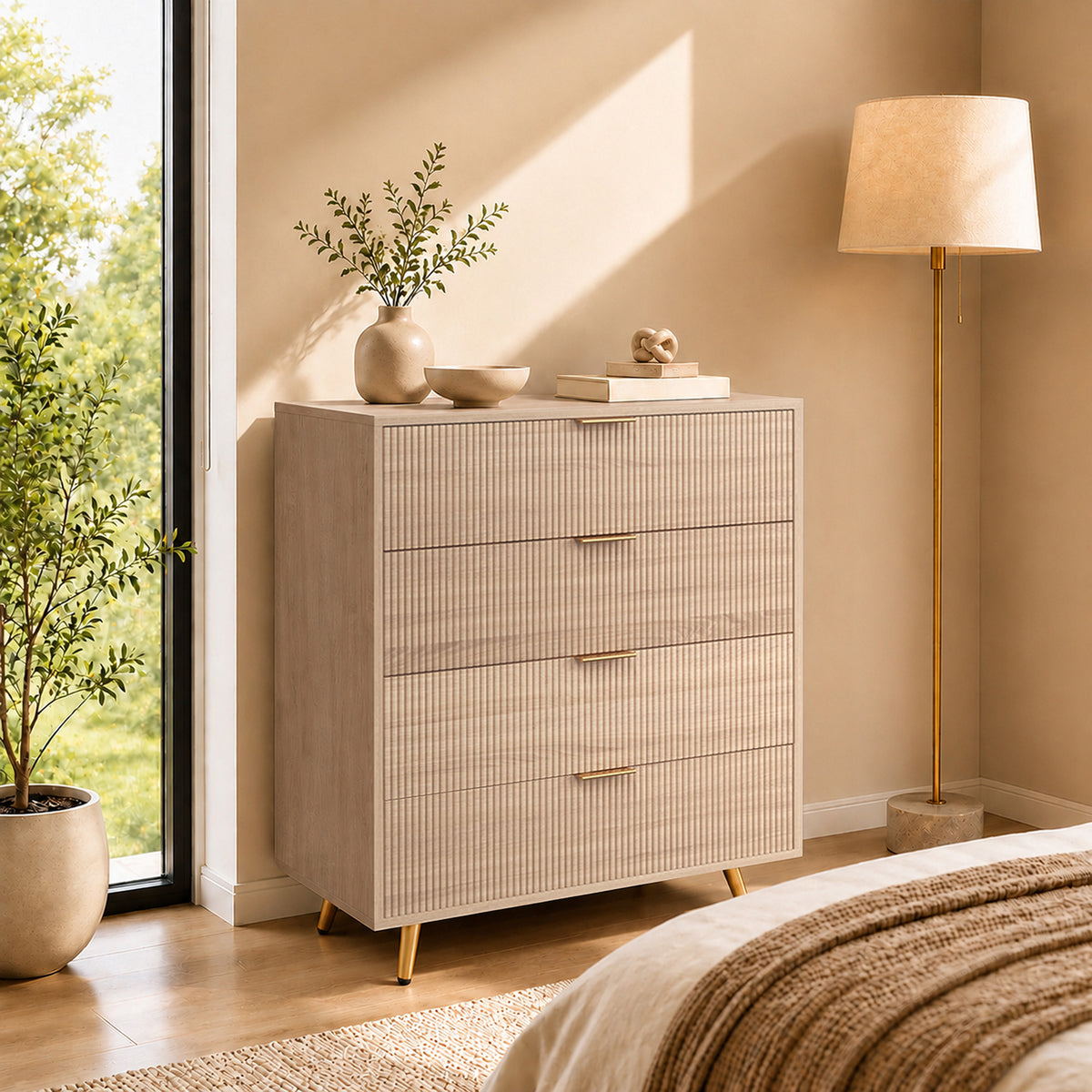 Homcom Bedroom Chest Of Drawers With 4 Drawers Gold Handles Fluted Dresser