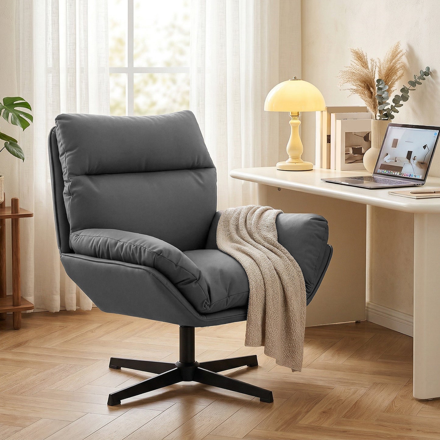 HOMCOM Accent Chair With 360 Degree Swivel Armchair For Living Room Dark Grey Cat Scratch Resistant Fabric