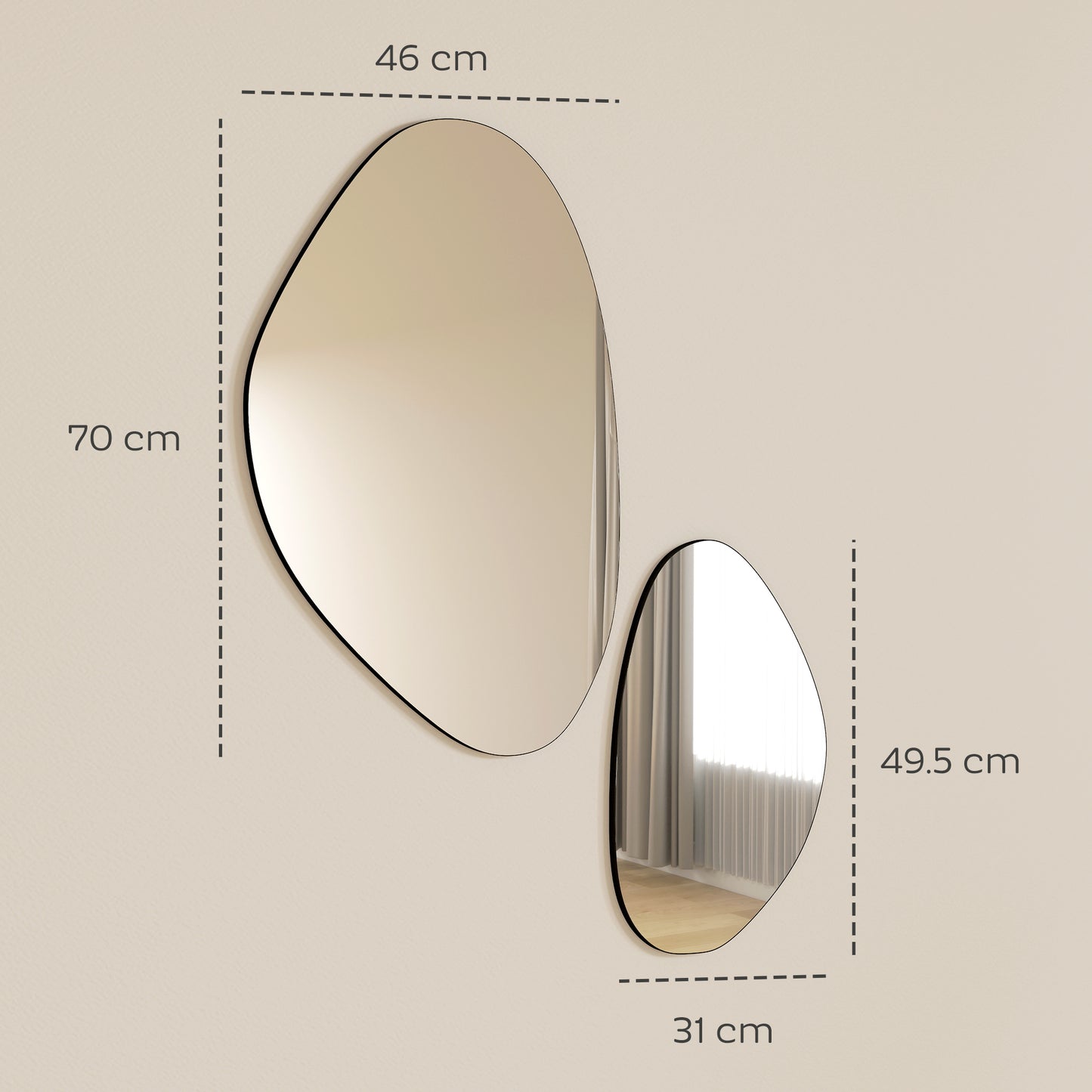 HOMCOM Pebble Shaped Wall Mirror Set Of 2 In Black With Metal Frame And MDF Construction