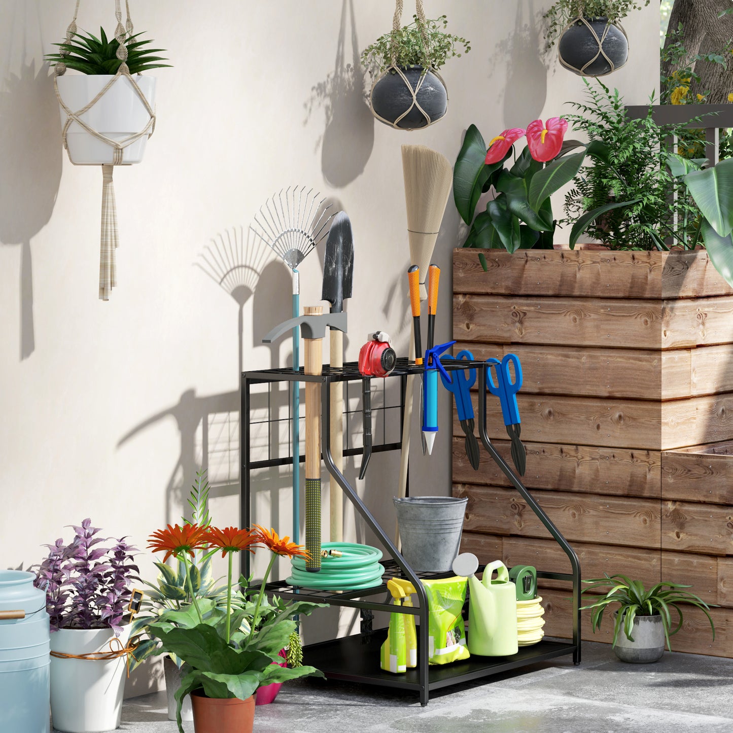 Outsunny 3 Tier Garden Tool Storage Rack With 11 Hooks Holds 20 Tools For Long Handled Brooms Shovels Rakes Garage